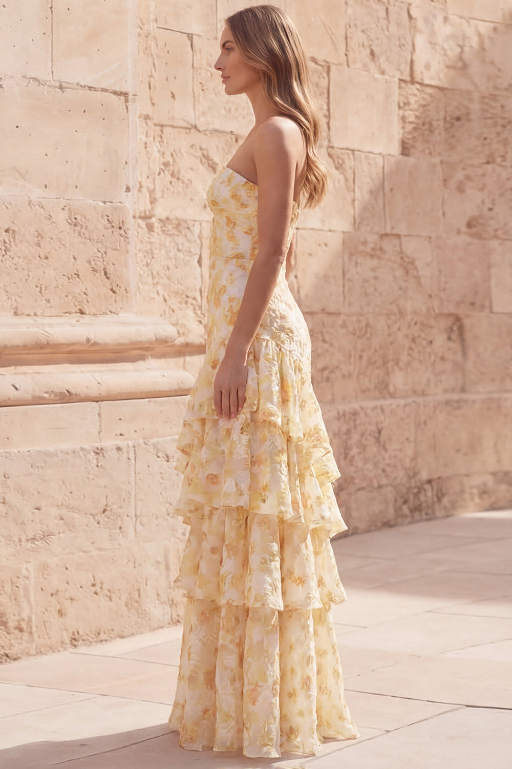 Yellow Strapless Floral A Line Long Prom Dress with Ruffles