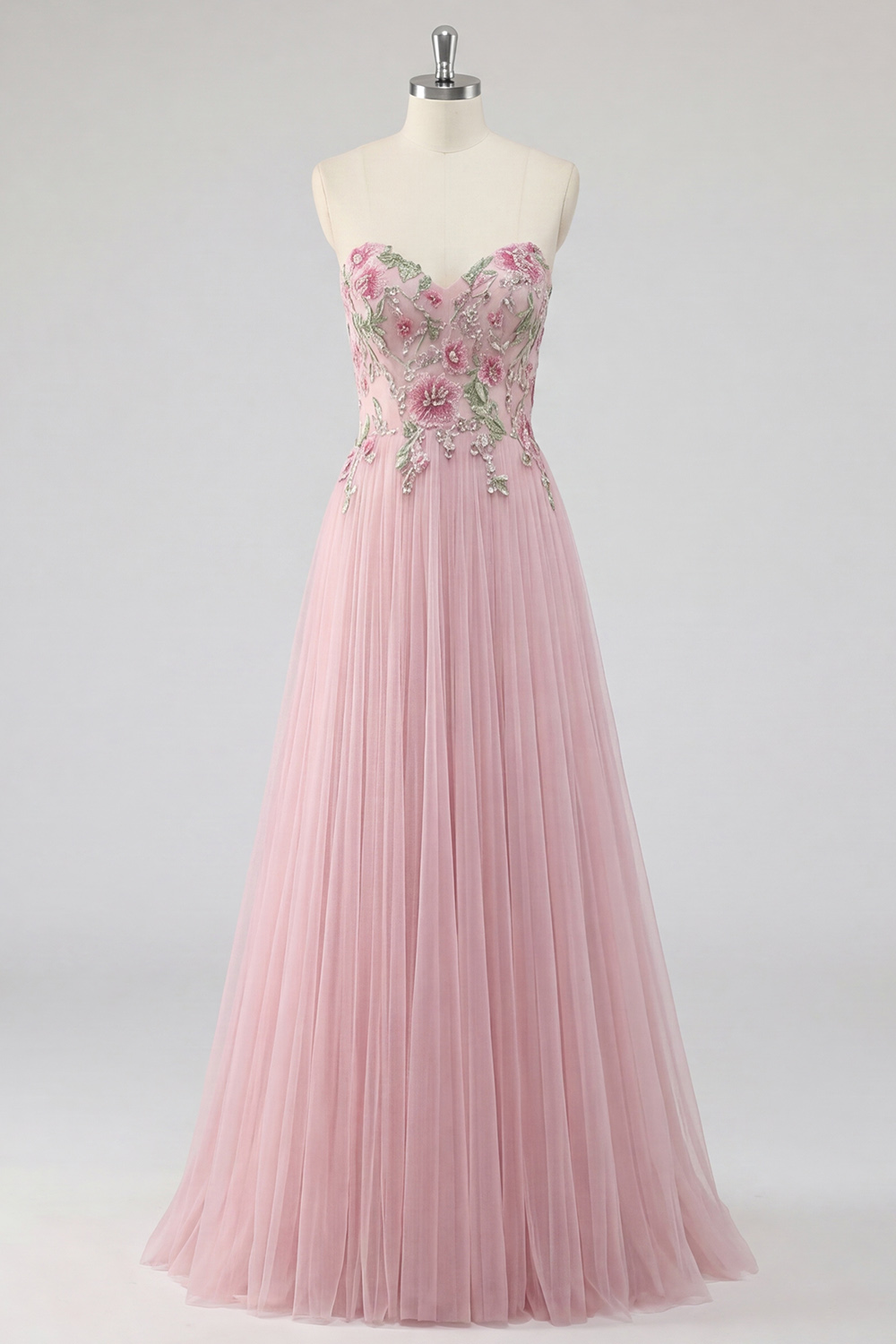 Sparkly Pink Floral Tulle Strapless A Line Long Prom Dress