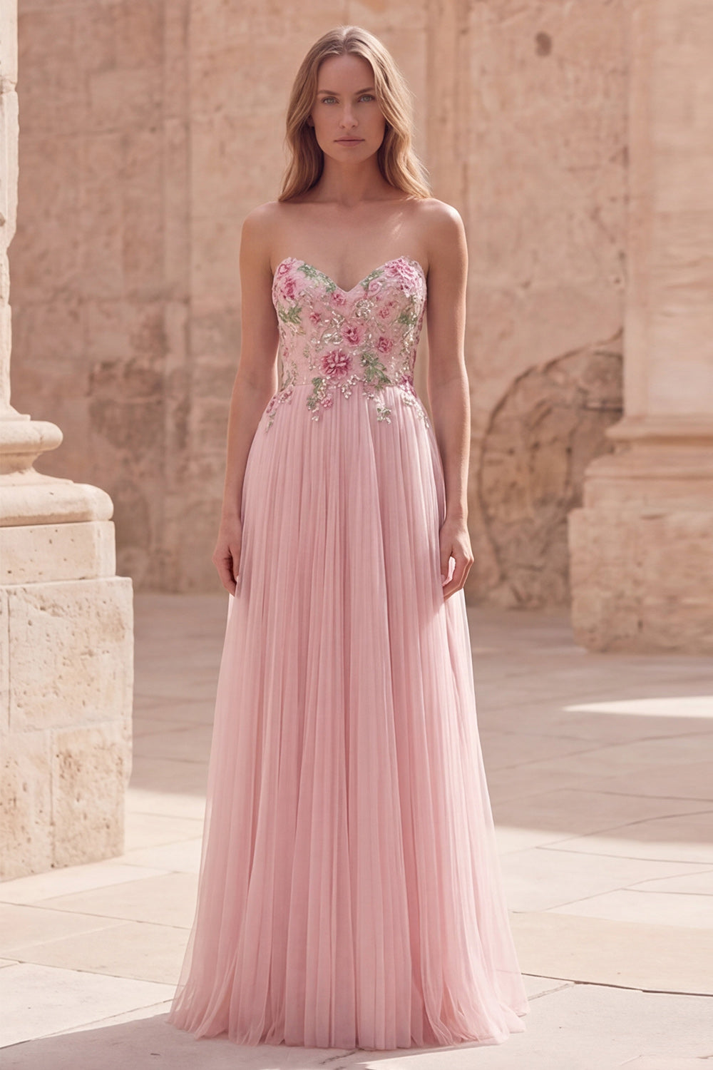 Sparkly Pink Floral Tulle Strapless A Line Long Prom Dress