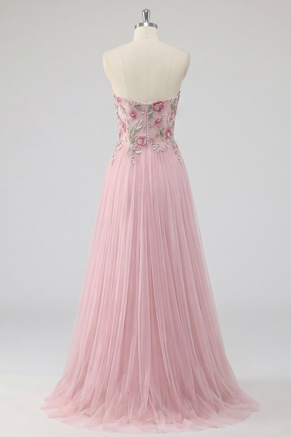 Sparkly Pink Floral Tulle Strapless A Line Long Prom Dress