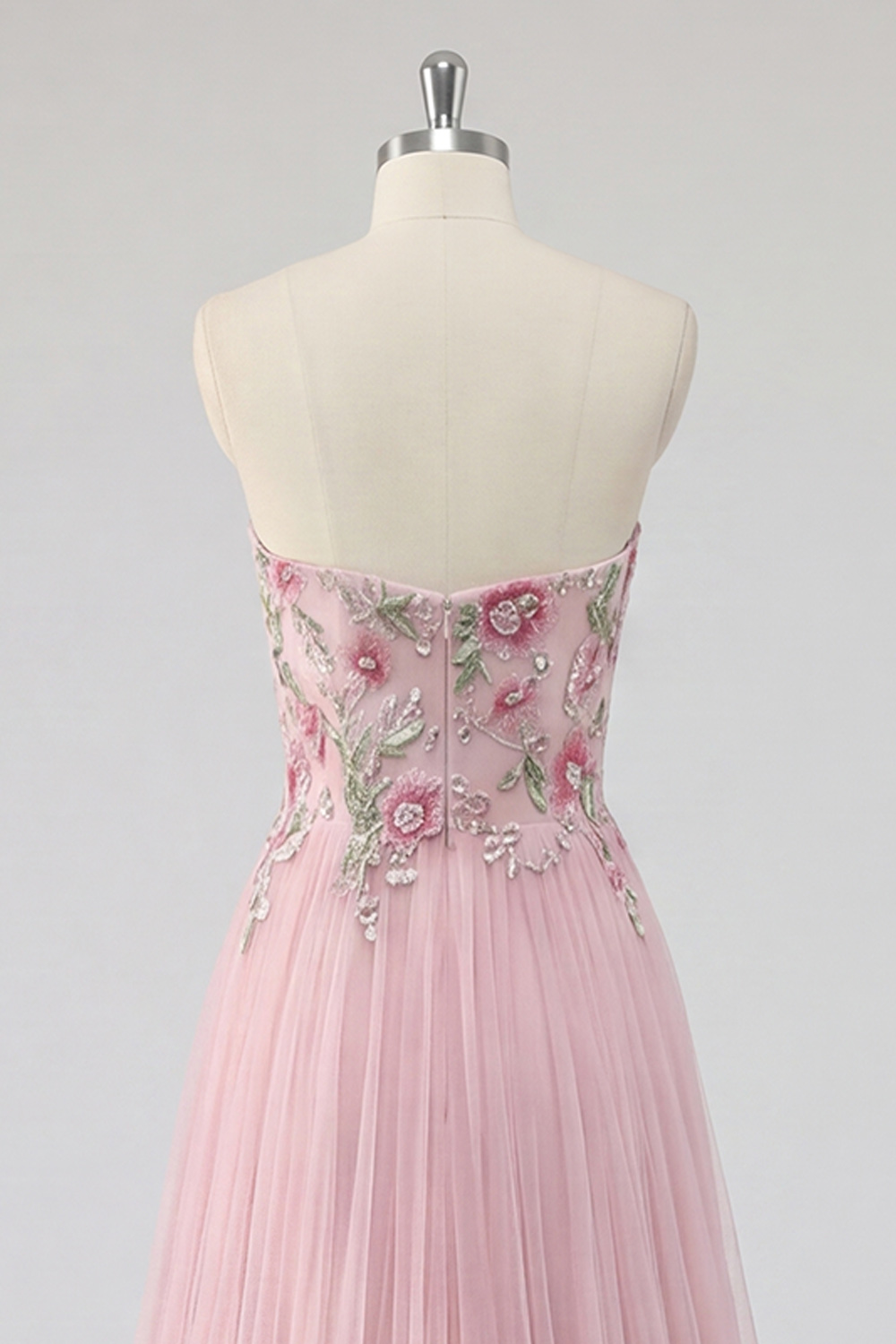 Sparkly Pink Floral Tulle Strapless A Line Long Prom Dress