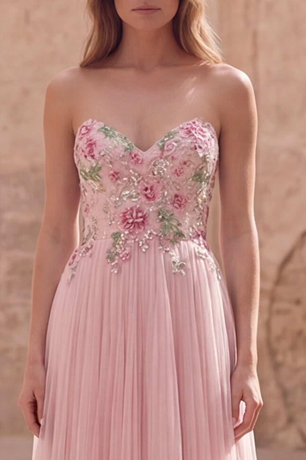Sparkly Pink Floral Tulle Strapless A Line Long Prom Dress