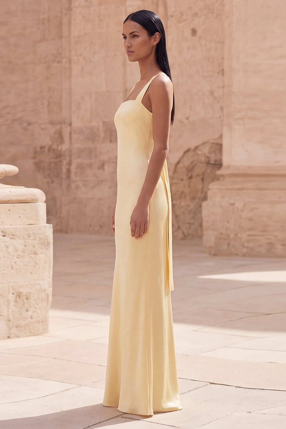 Yellow Sheath Square Neck Criss Cross Long Wedding Guest Dress