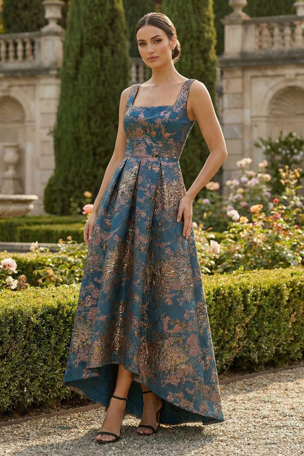 Peacock Blue Sqaure Neck A Line Asymmetrical Evening Dress