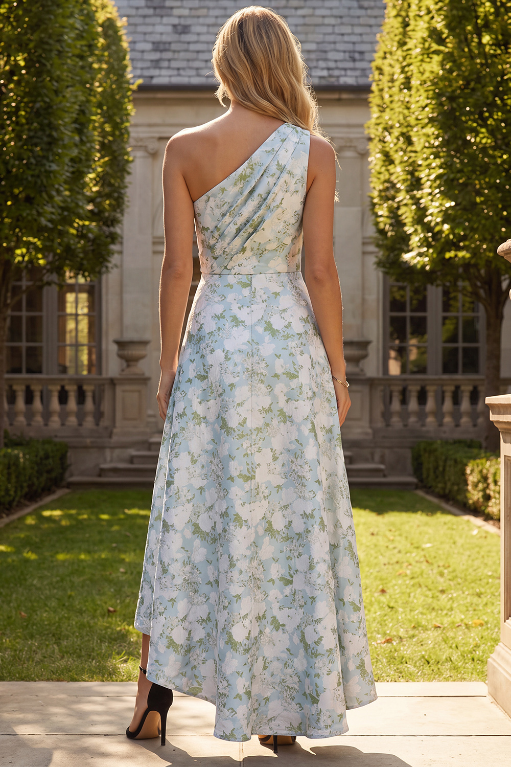 Peacock Blue One Shoulder Jacquard A Line Asymmetrical Evening Dress