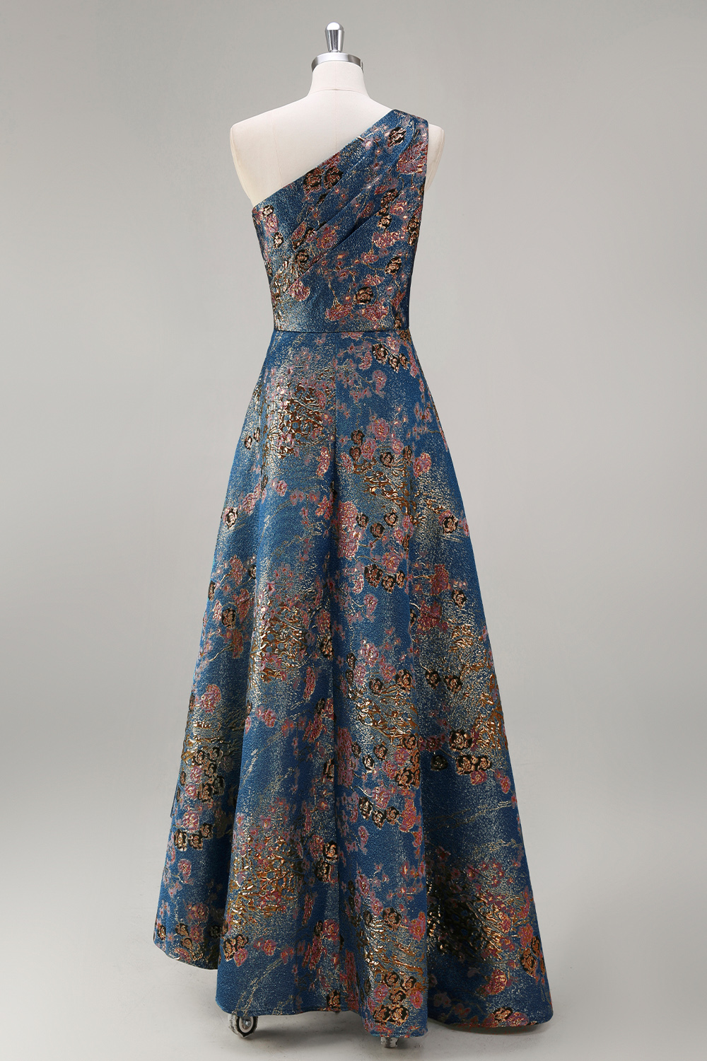 Peacock Blue One Shoulder Jacquard A Line Asymmetrical Evening Dress