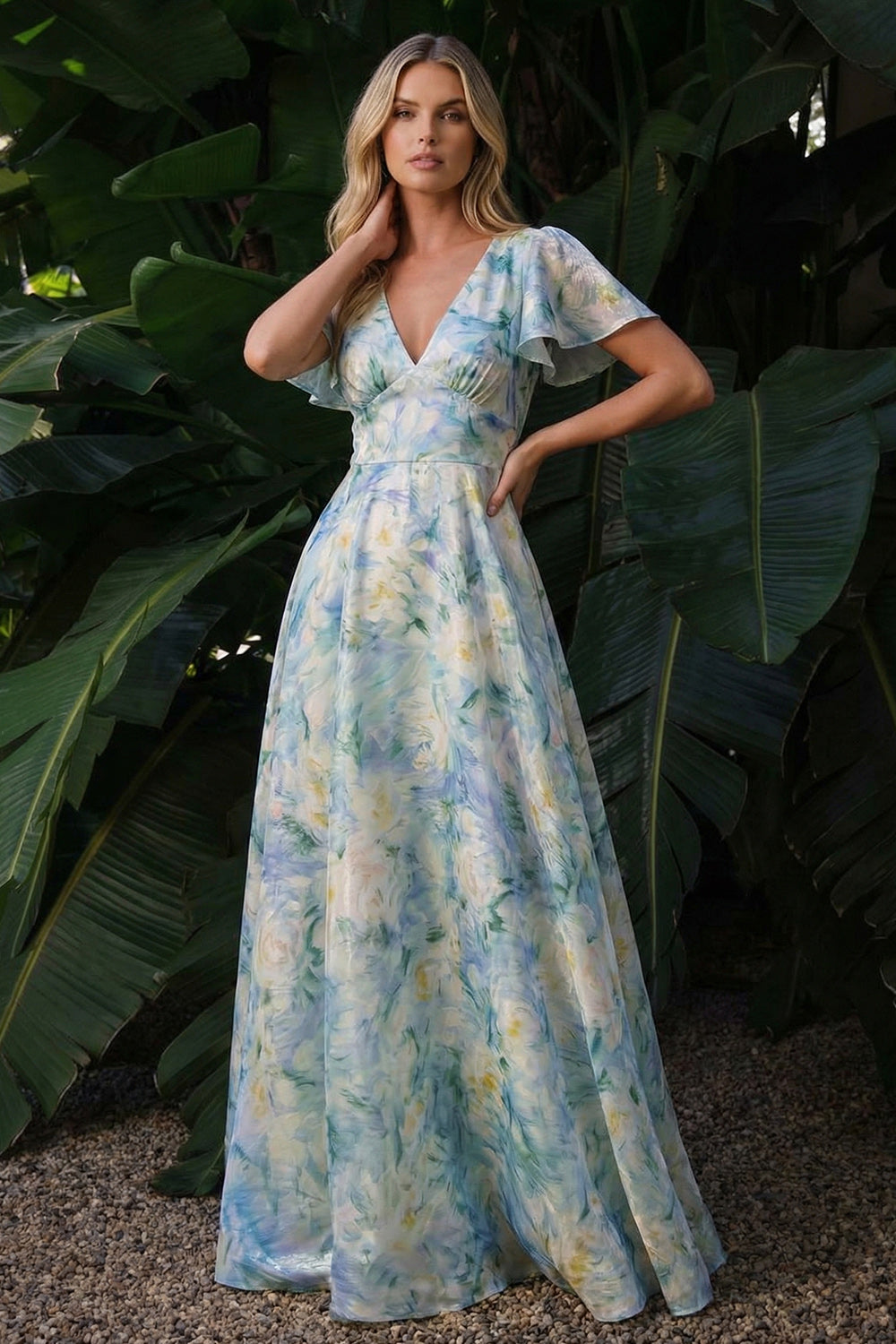 Light Green A Line Floral Long Evening Dress with Sleeves