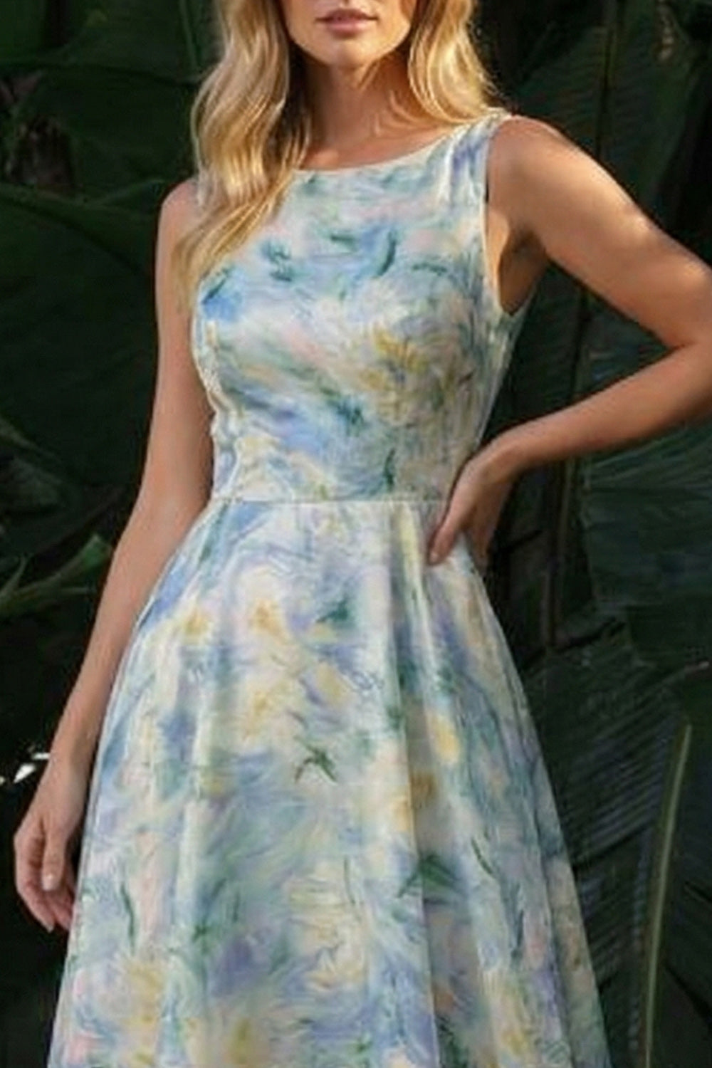 Light Green Round Neck A Line Floral Maxi Evening Dress