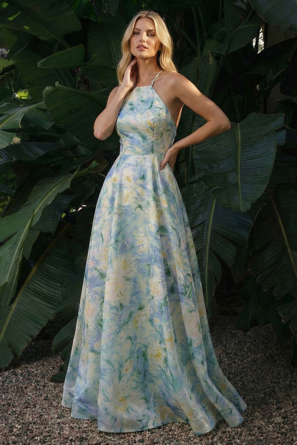 Light Green Floral A Line Halter Criss Cross Long Evening Dress