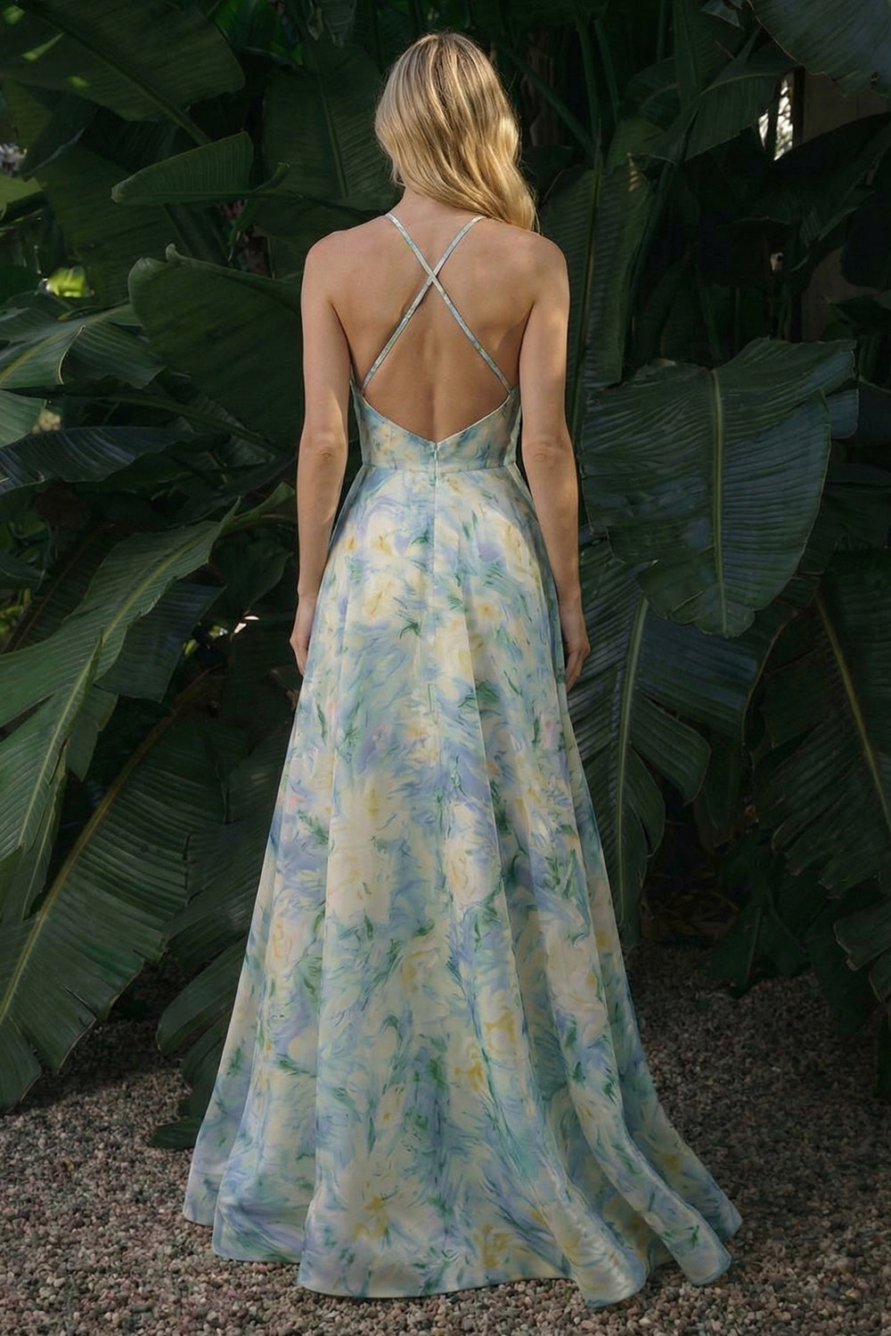 Light Green Floral A Line Halter Criss Cross Long Evening Dress