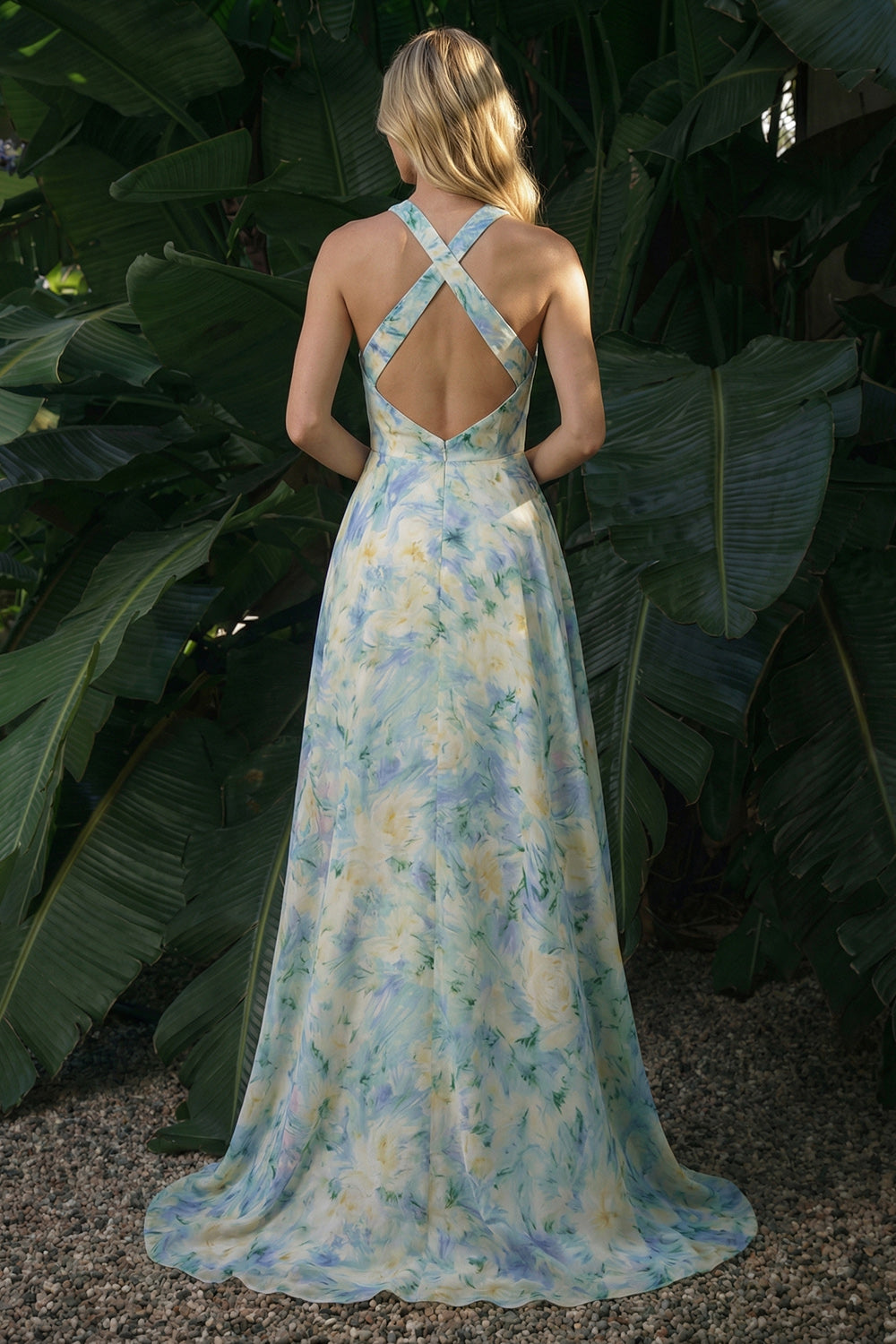 Light Green A Line Printed Floral High Low Evening Dress