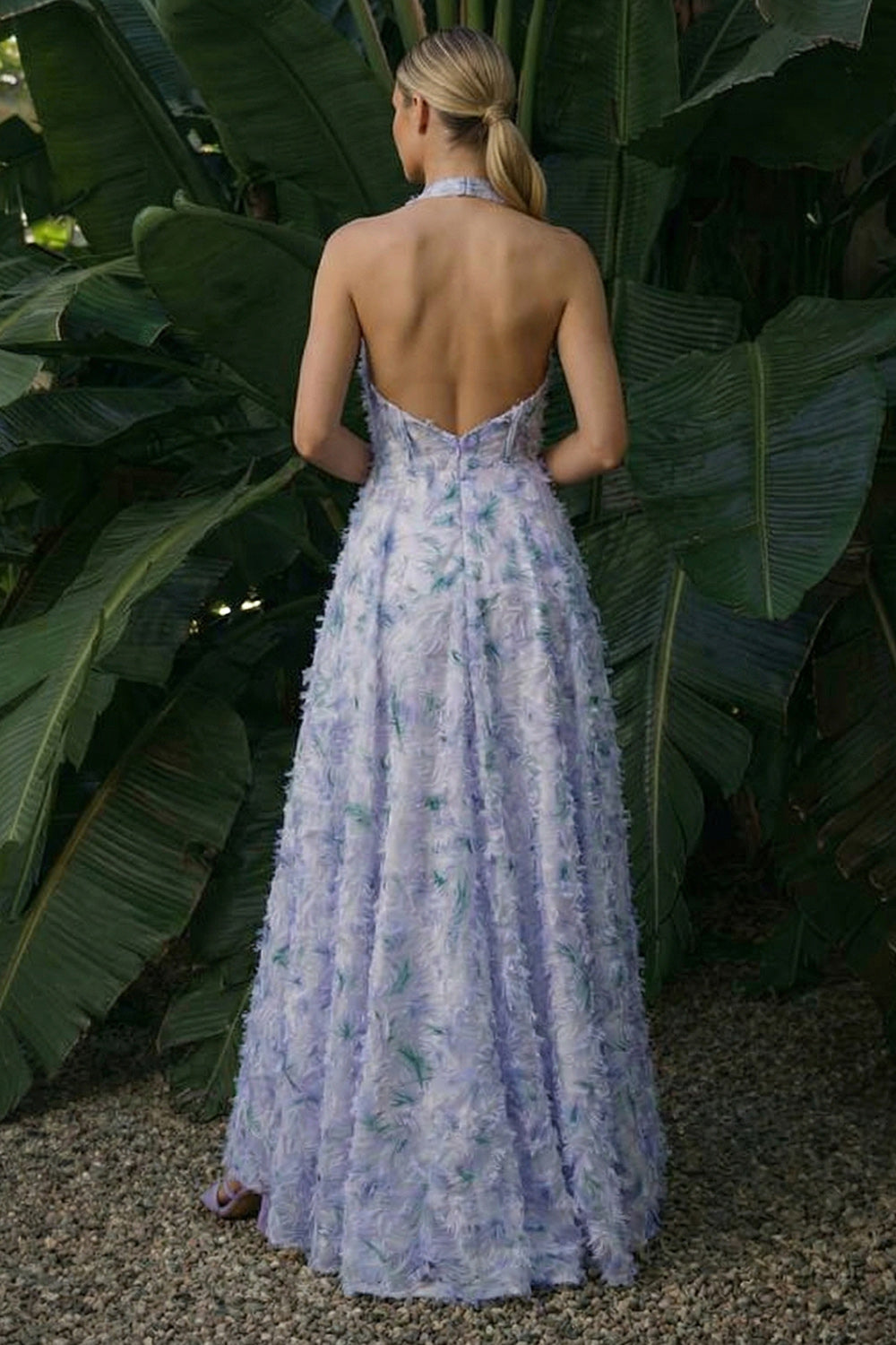 Light Purple A Line Backless Floral Halter Long Evening Dress