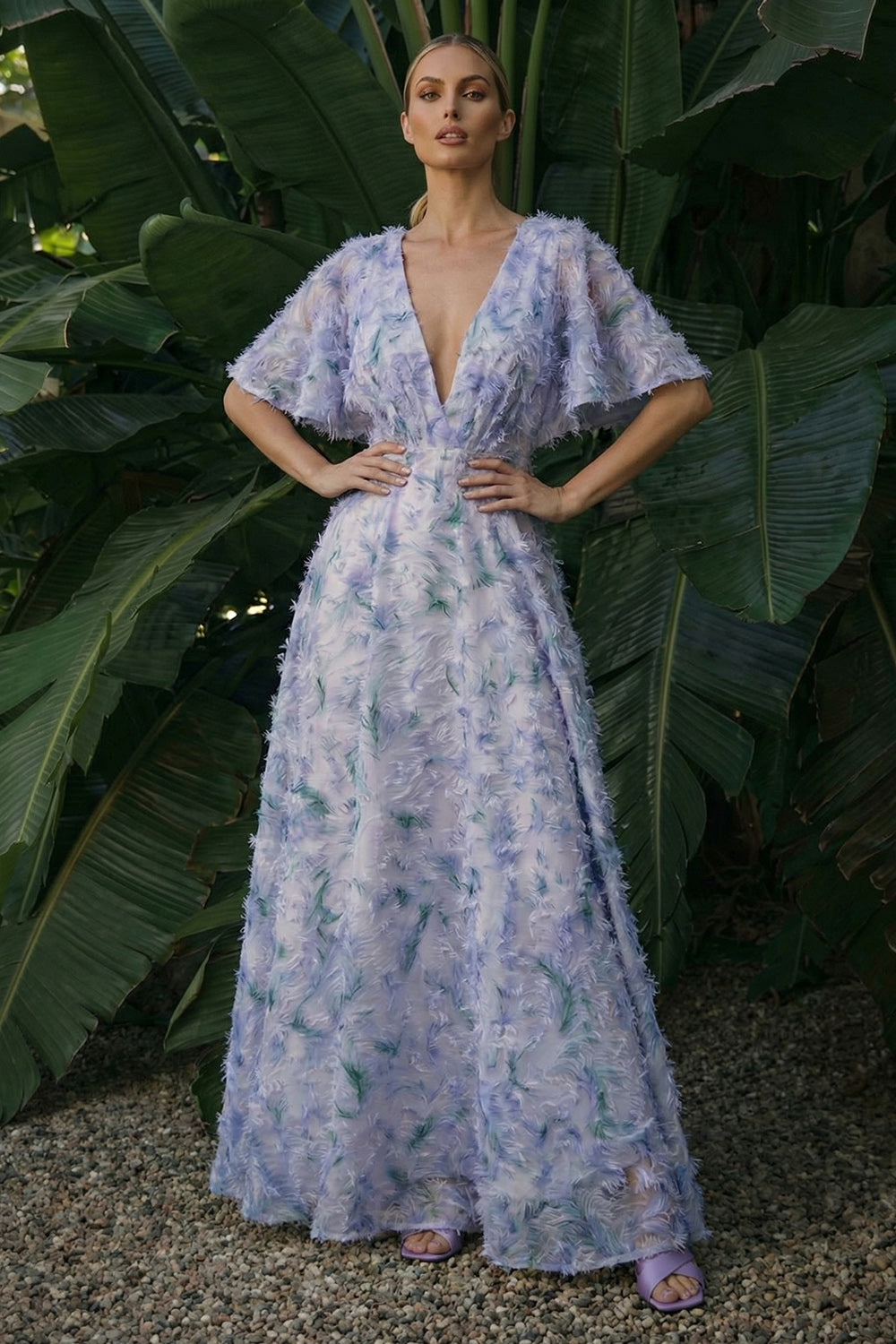 Light Purple Floral A Line V Neck Maxi Evening Dress with Sleeves