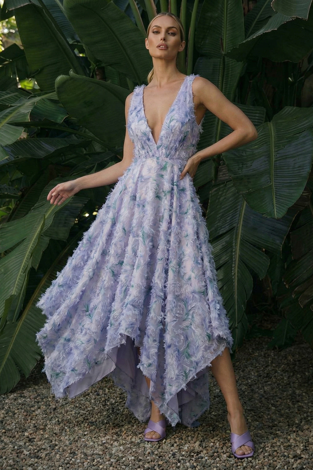 Light Purple A Line Floral V Neck Asymmetrical Evening Dress