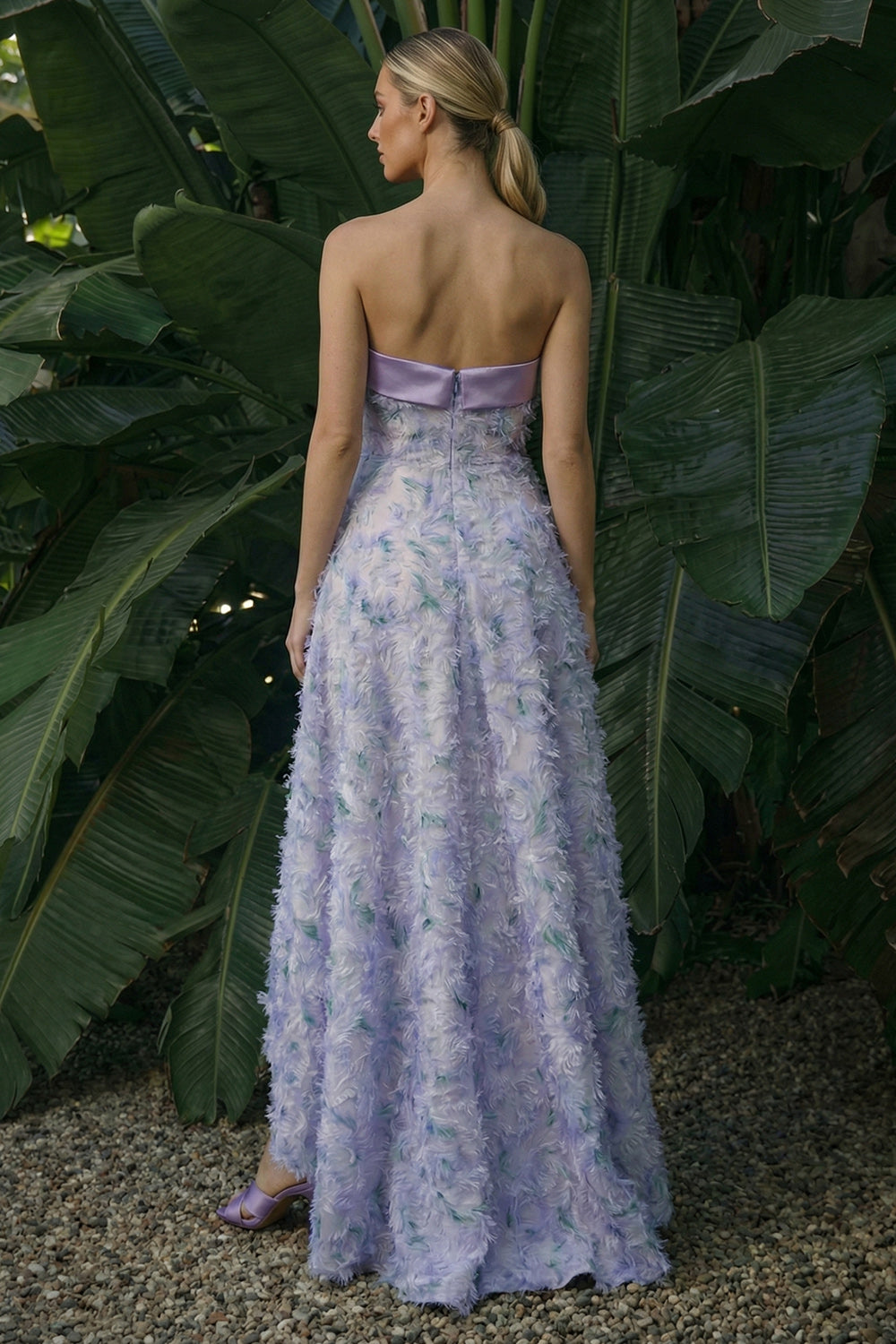 Light Purple Strapless Floral A Line High Low Evening Dress
