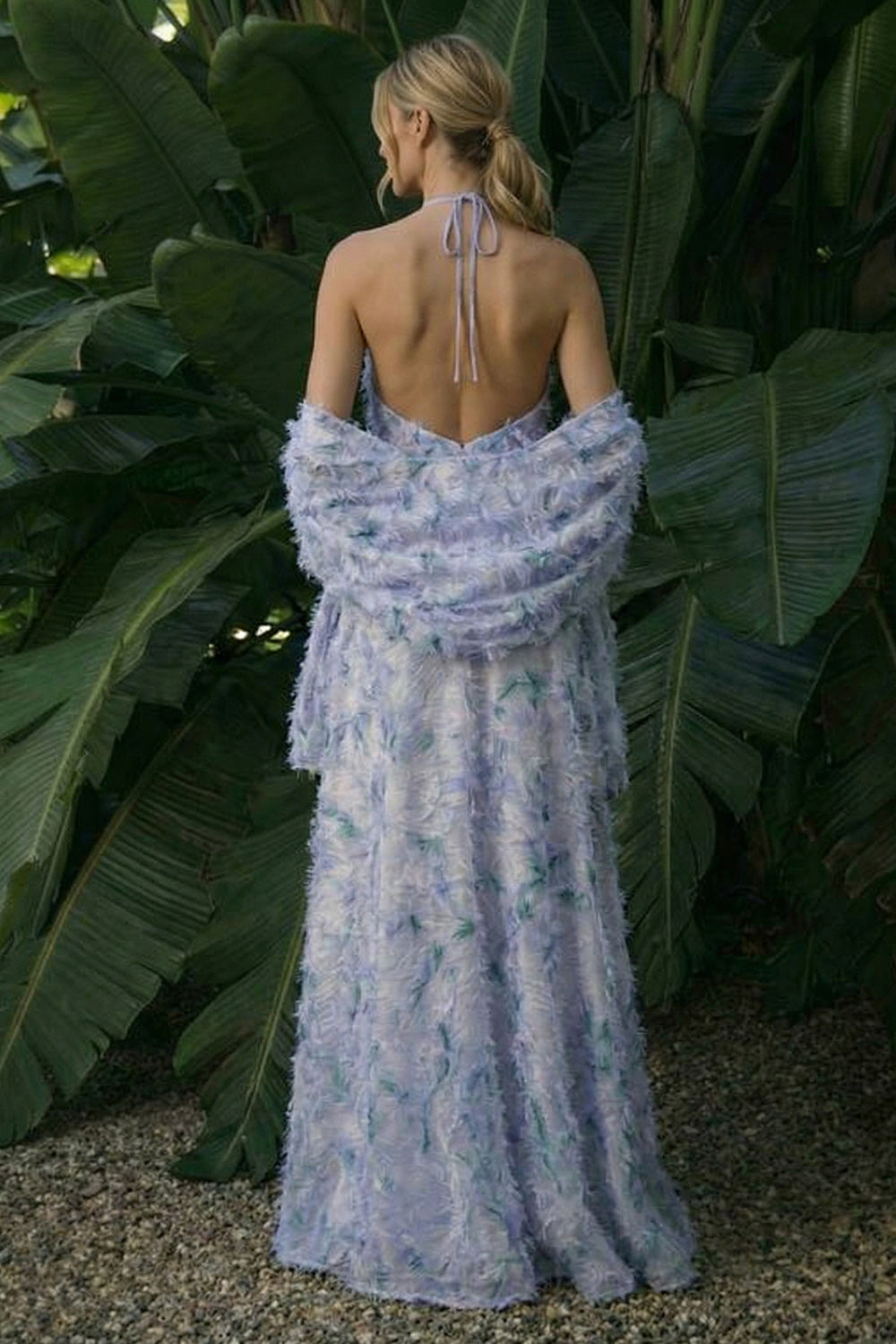 Light Purple A Line Halter Backless Floral Long Evening Dress