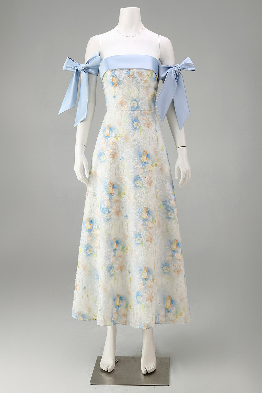 Light Blue Strapless A Line Floral Maxi Evening Dress with Bows