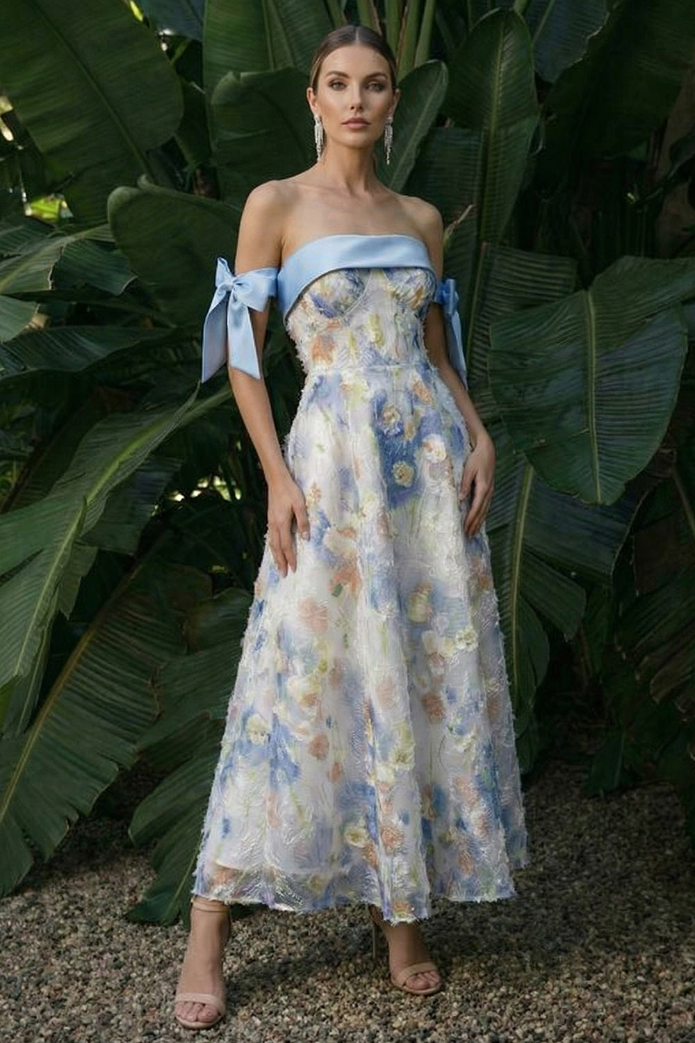 Light Blue Strapless A Line Floral Maxi Evening Dress with Bows