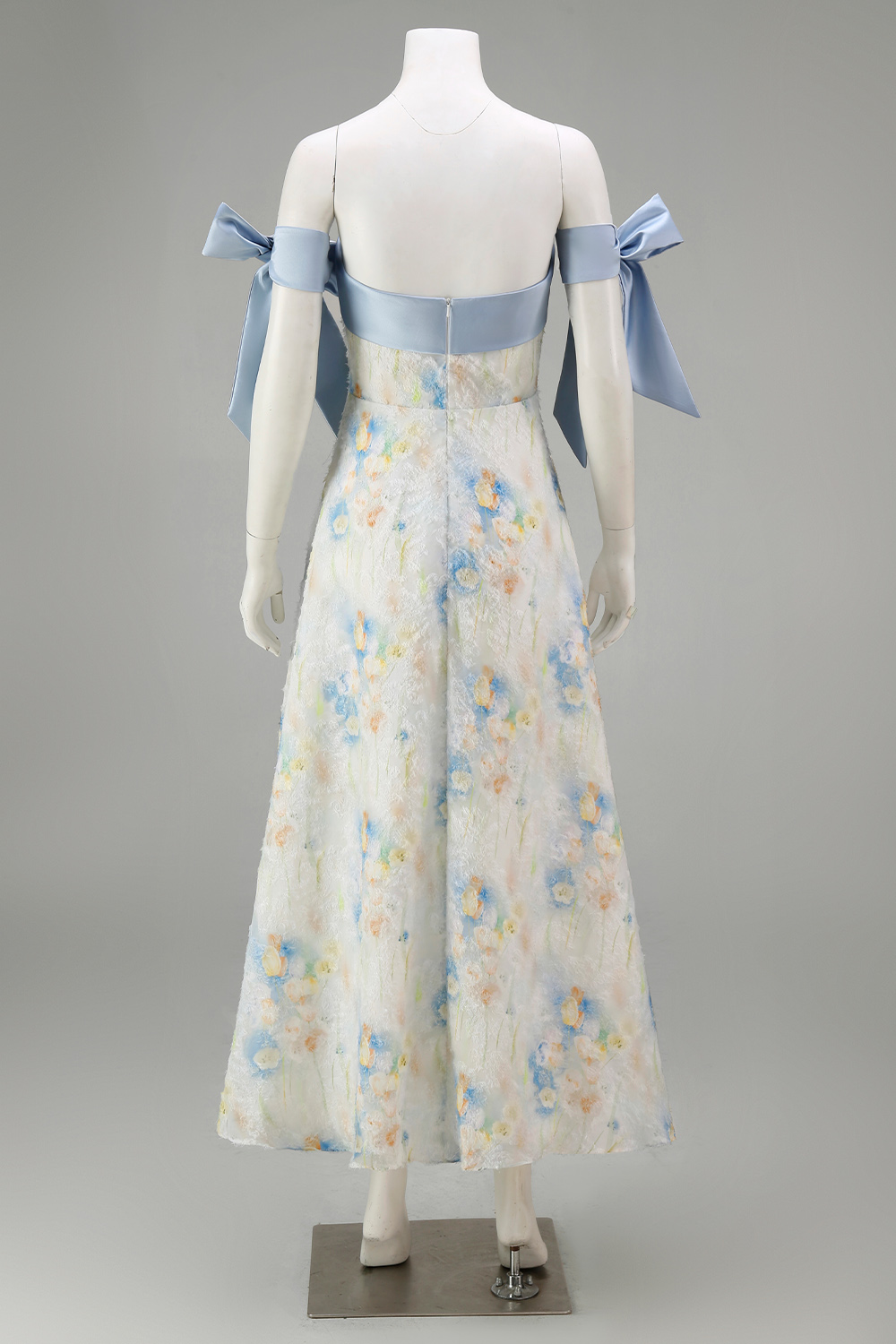 Light Blue Strapless A Line Floral Maxi Evening Dress with Bows