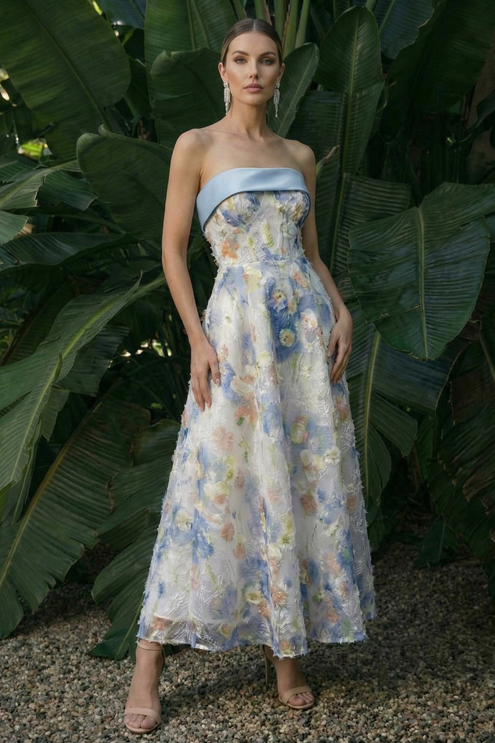 Light Blue Strapless A Line Floral Maxi Evening Dress with Bows