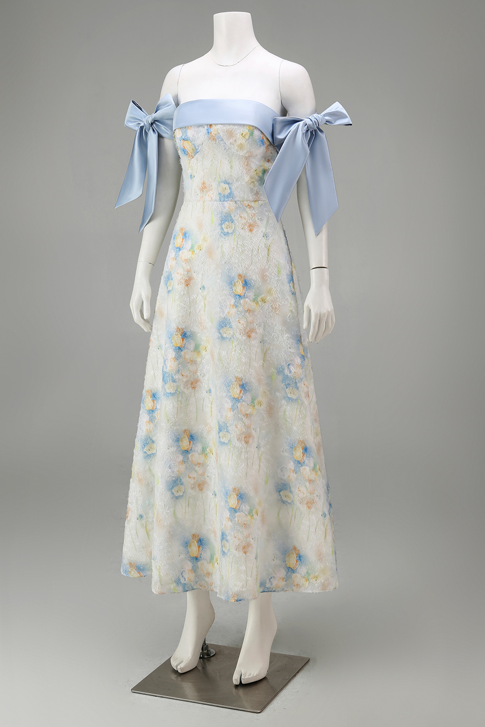 Light Blue Strapless A Line Floral Maxi Evening Dress with Bows