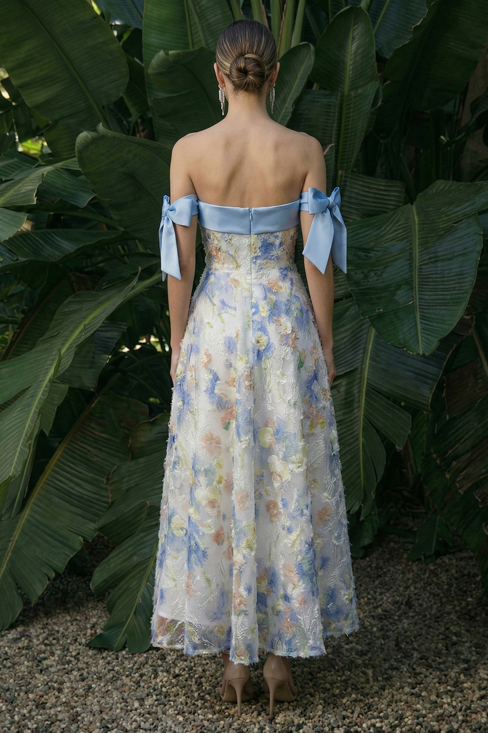 Light Blue Strapless A Line Floral Maxi Evening Dress with Bows