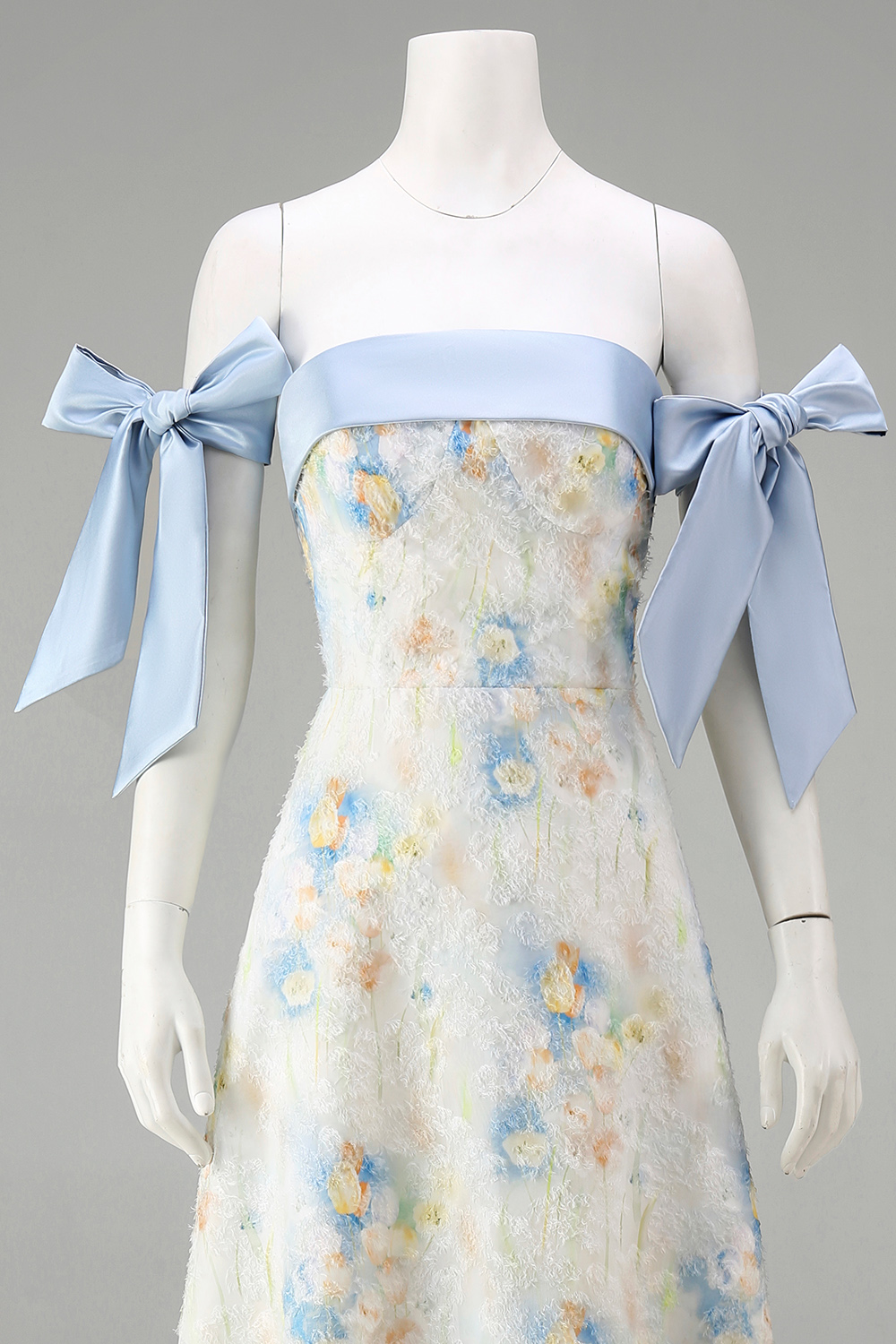 Light Blue Strapless A Line Floral Maxi Evening Dress with Bows