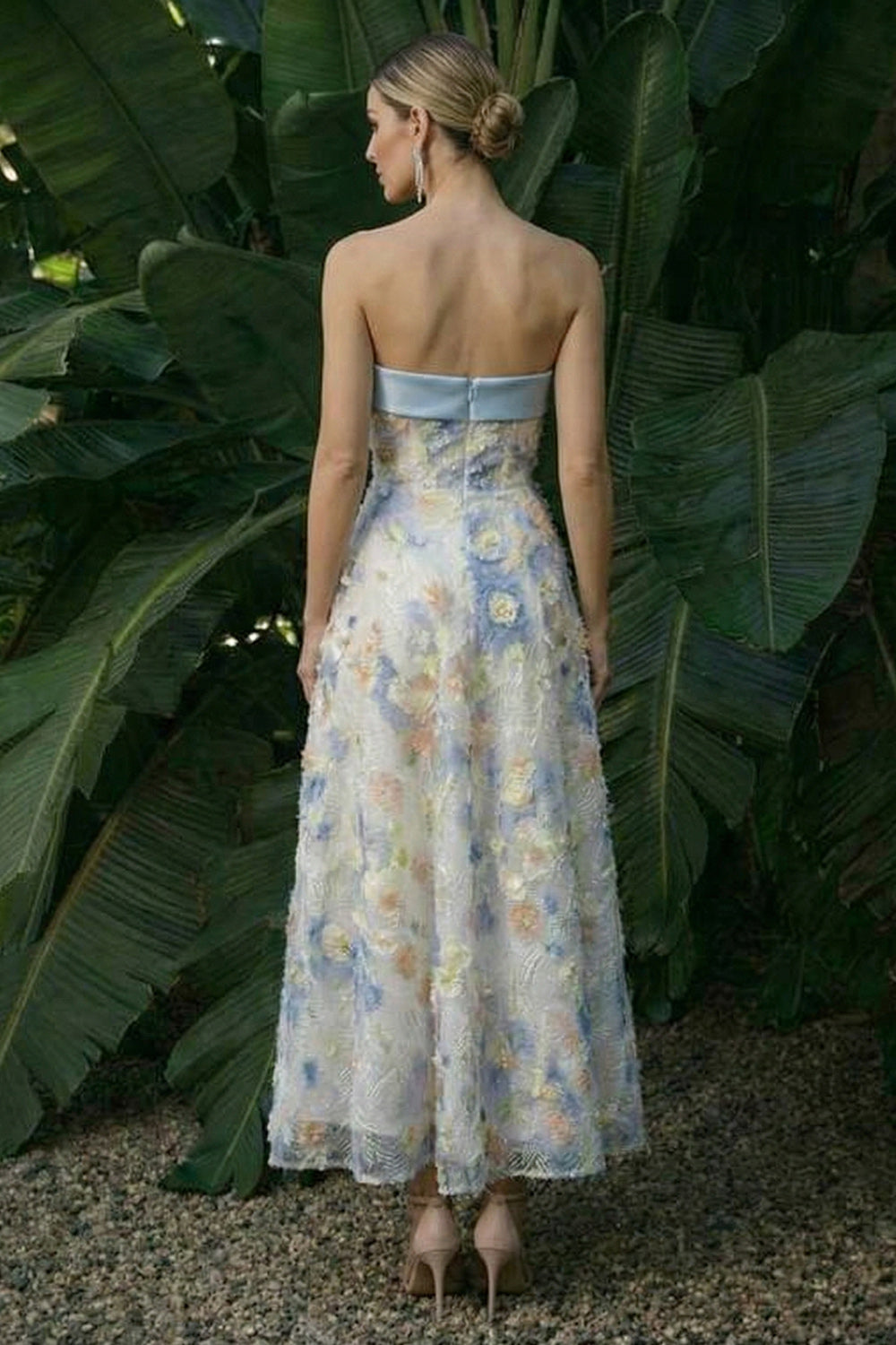 Light Blue Strapless A Line Floral Maxi Evening Dress with Bows