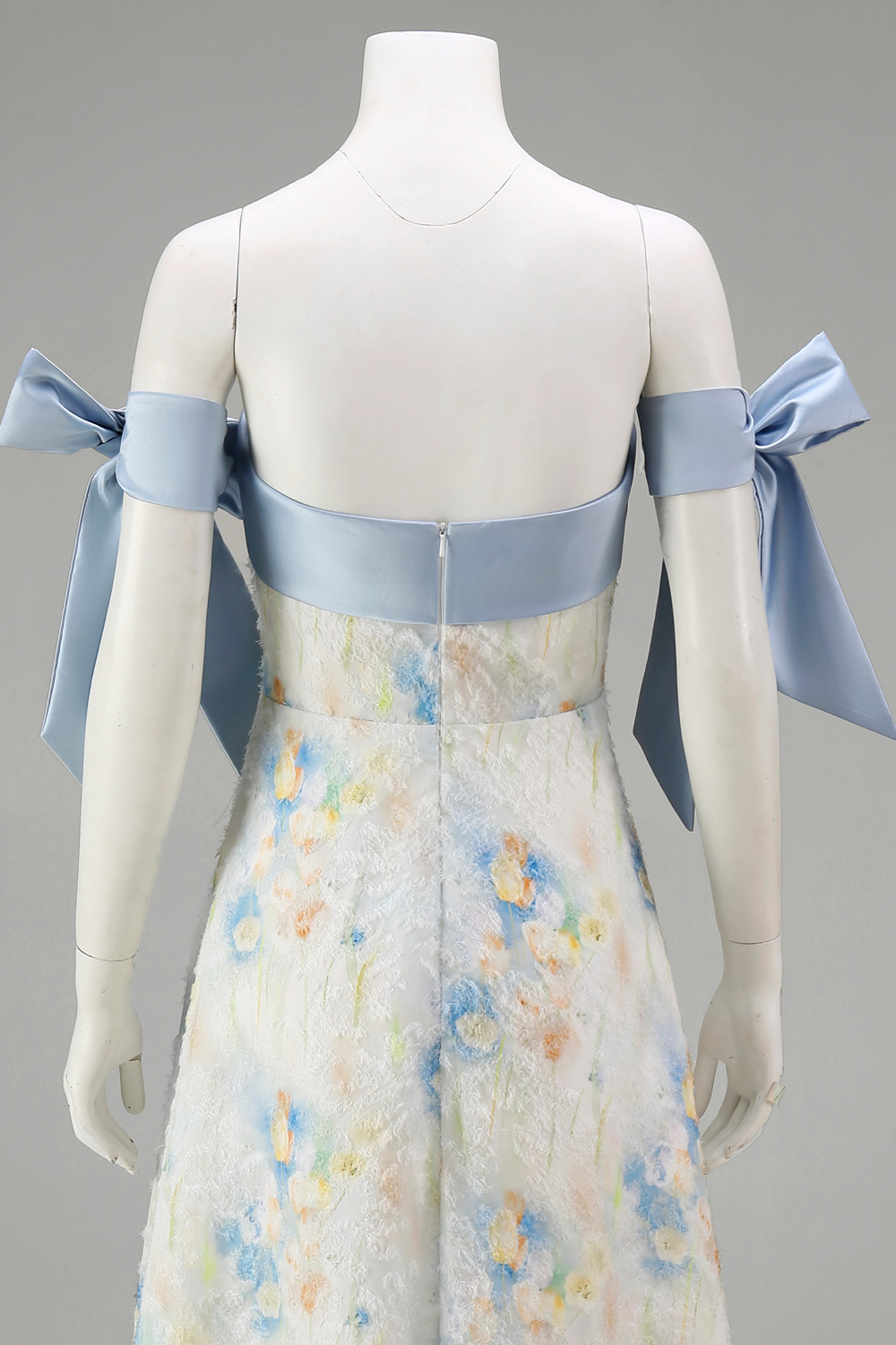 Light Blue Strapless A Line Floral Maxi Evening Dress with Bows