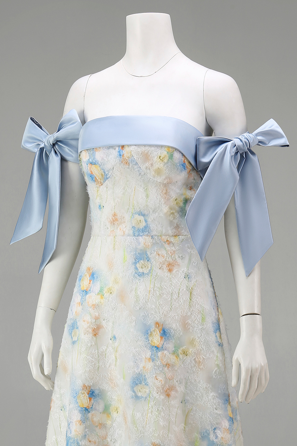 Light Blue Strapless A Line Floral Maxi Evening Dress with Bows