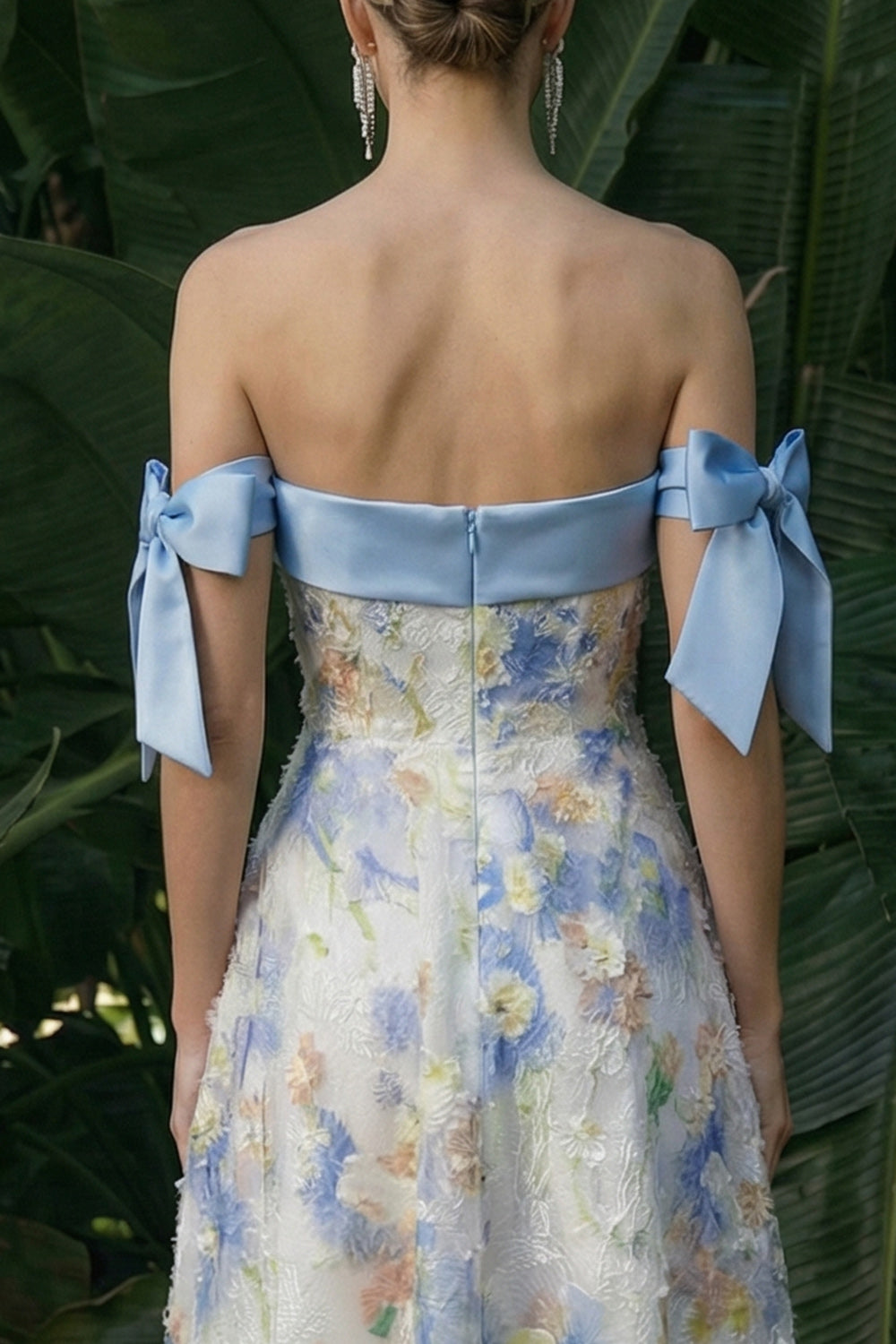 Light Blue Strapless A Line Floral Maxi Evening Dress with Bows