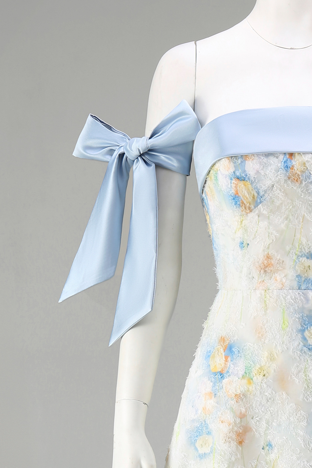 Light Blue Strapless A Line Floral Maxi Evening Dress with Bows