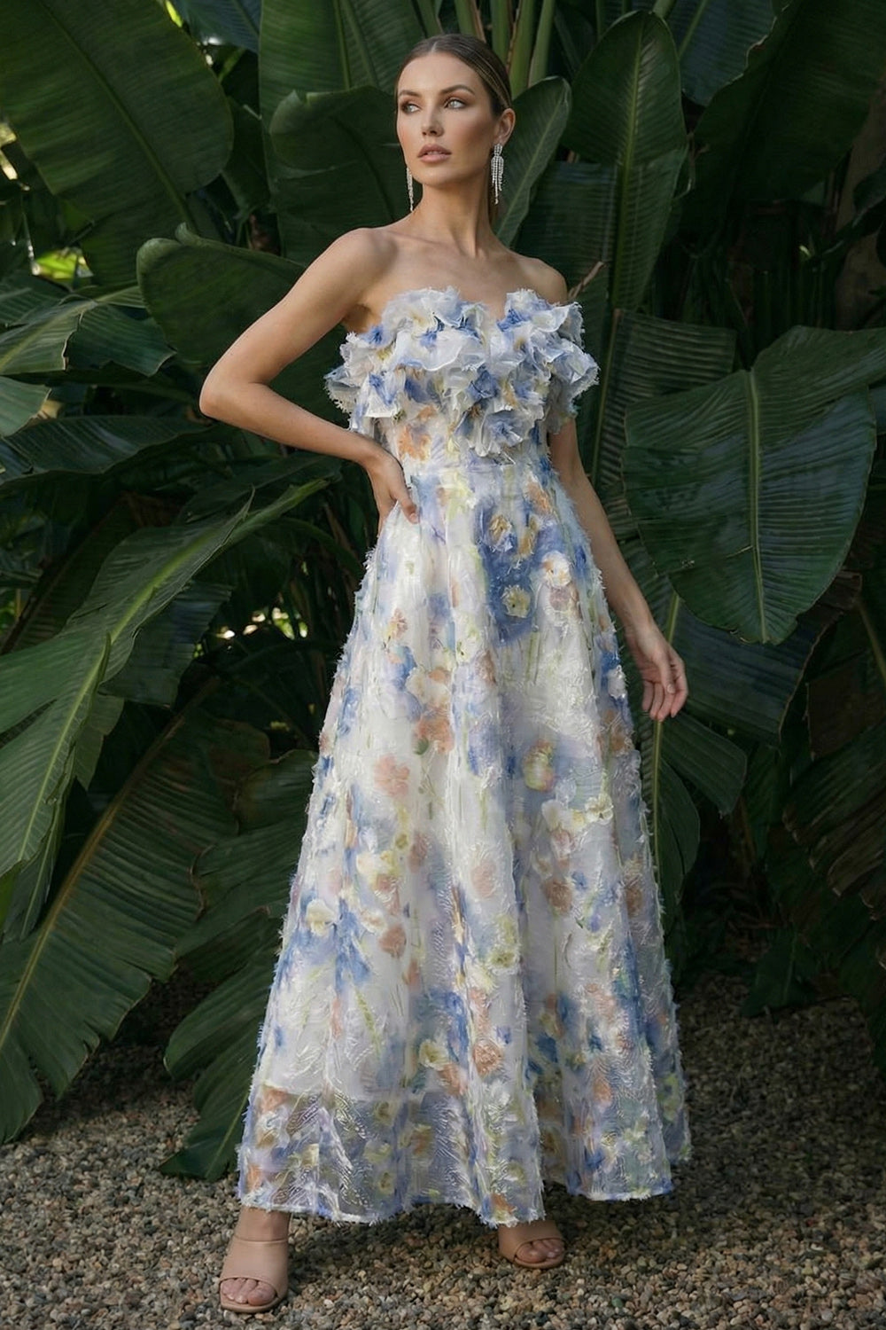 Light Blue Ruffled A Line Floral Maxi Evening Dress