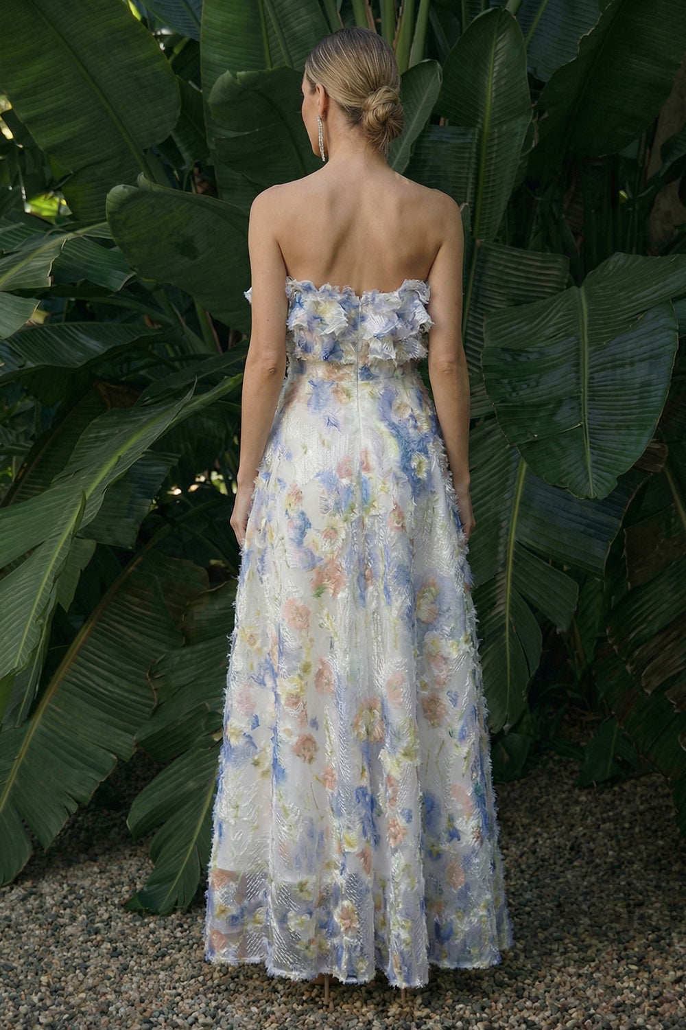 Light Blue Ruffled A Line Floral Maxi Evening Dress