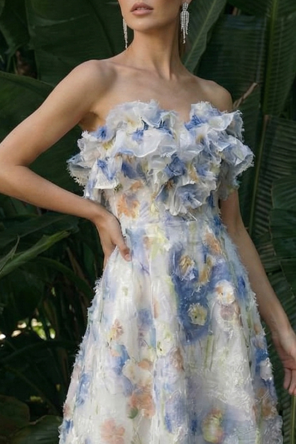 Light Blue Ruffled A Line Floral Maxi Evening Dress