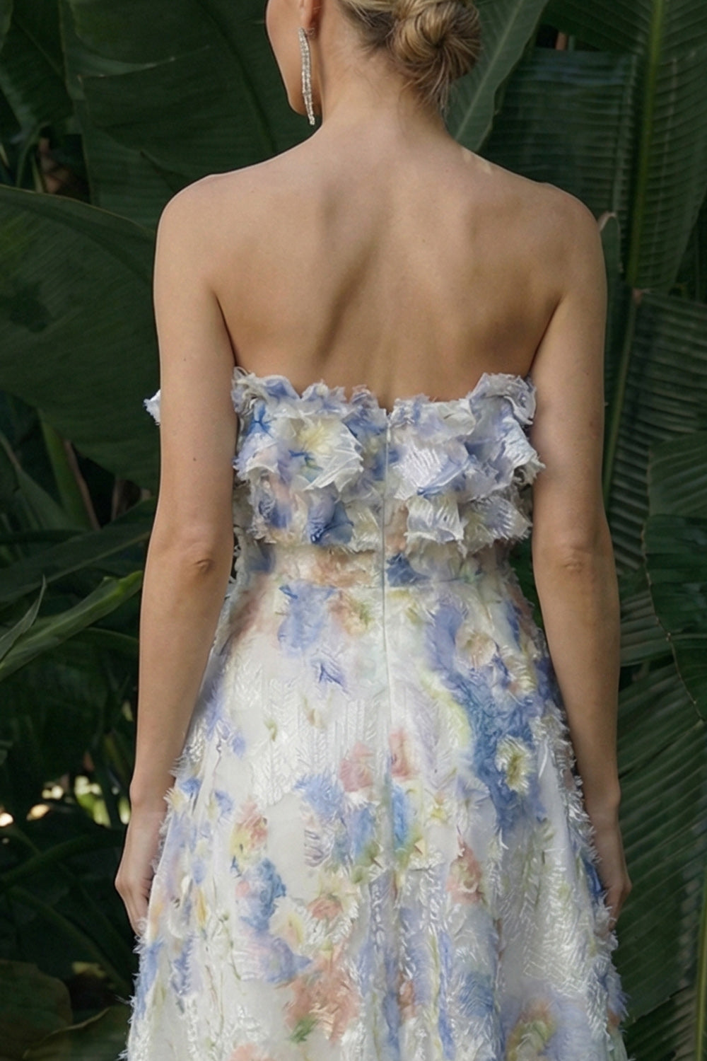 Light Blue Ruffled A Line Floral Maxi Evening Dress
