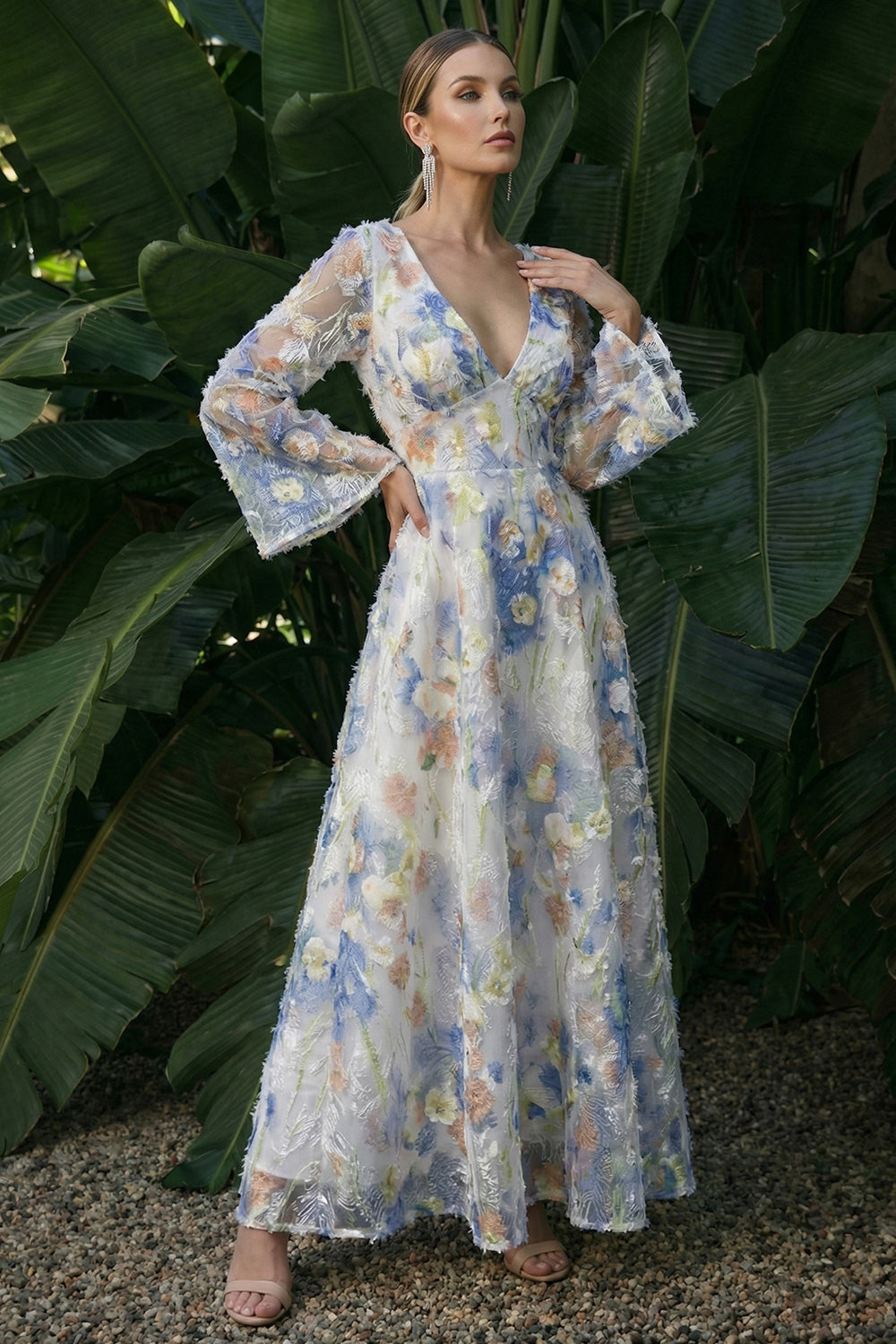 Light Blue V Neck A Line Floral Long Sleeves Evening Dress