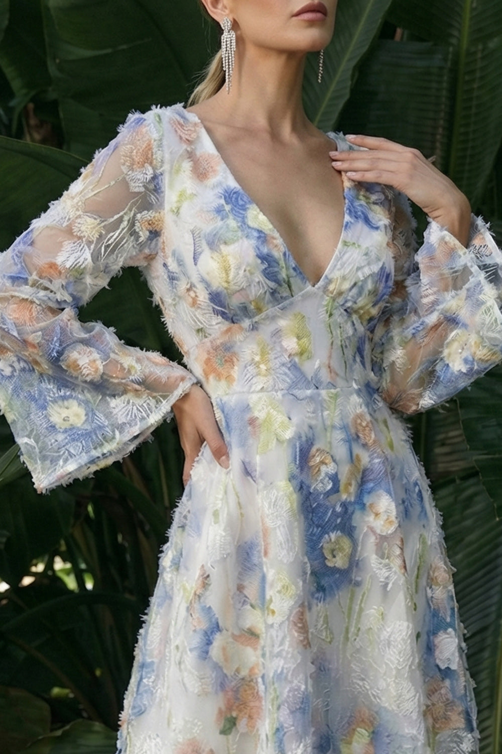 Light Blue V Neck A Line Floral Long Sleeves Evening Dress