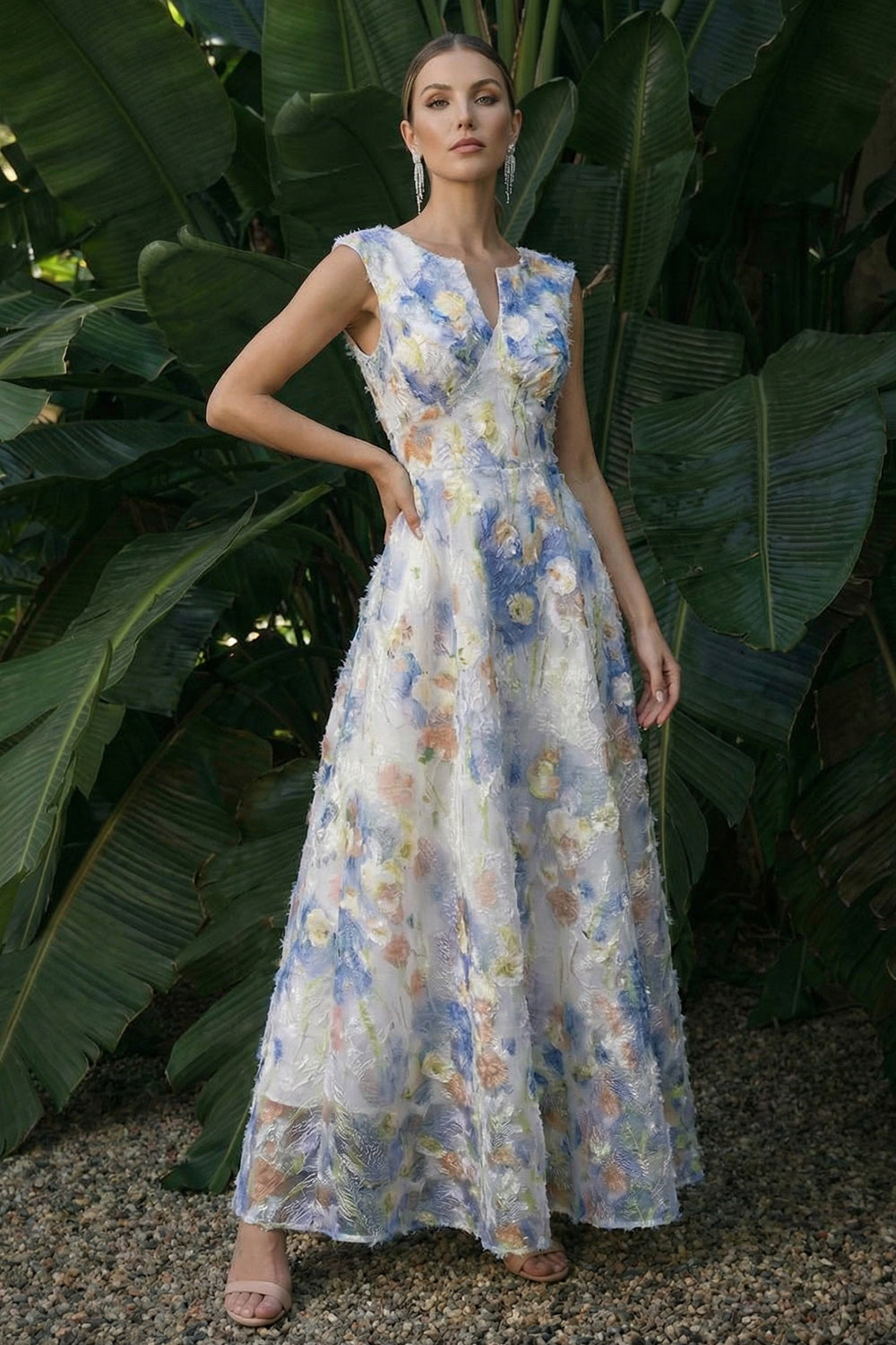 Light Blue A Line Floral Maxi Evening Dress with Sleeves