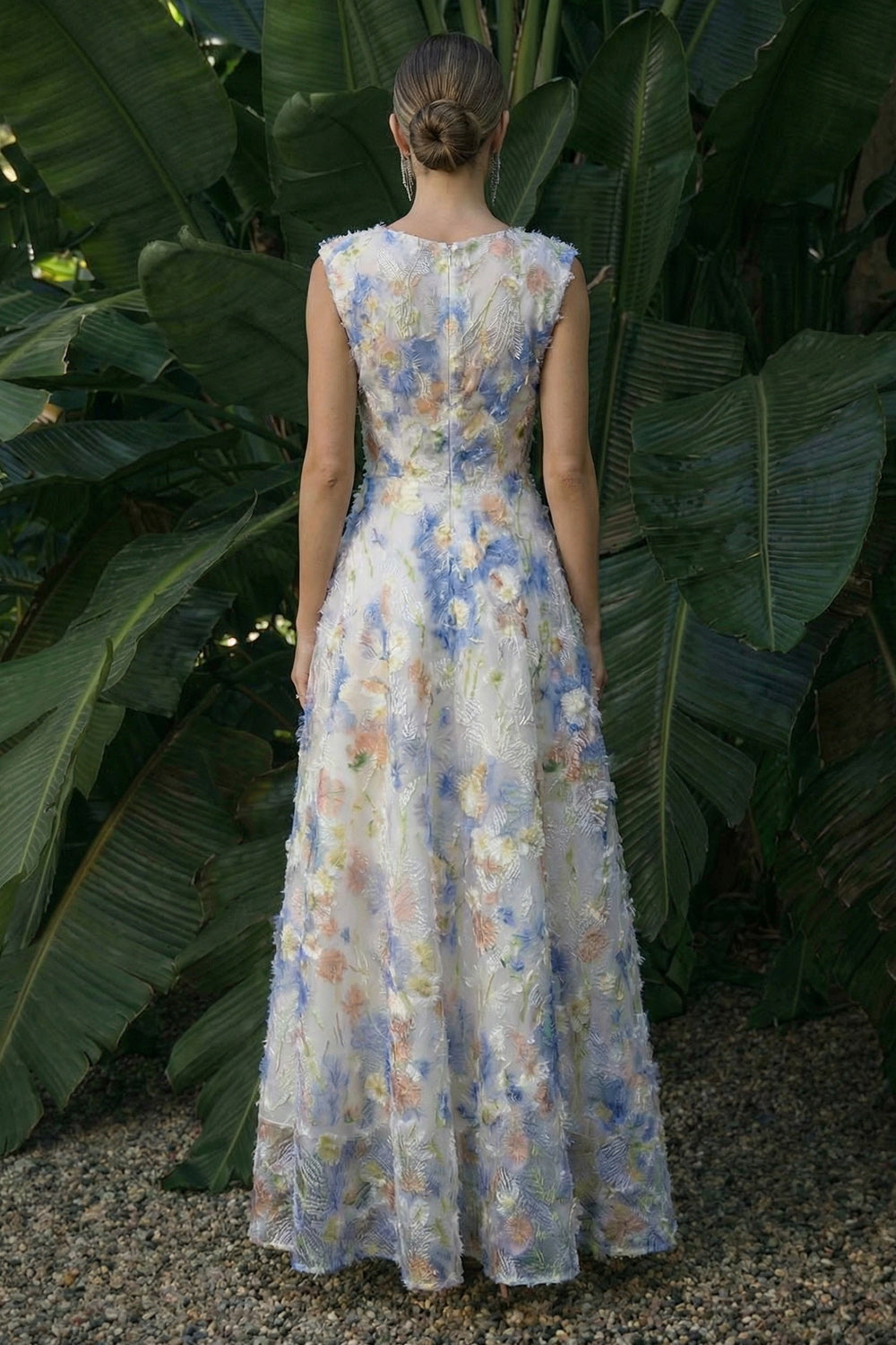 Light Blue A Line Floral Maxi Evening Dress with Sleeves