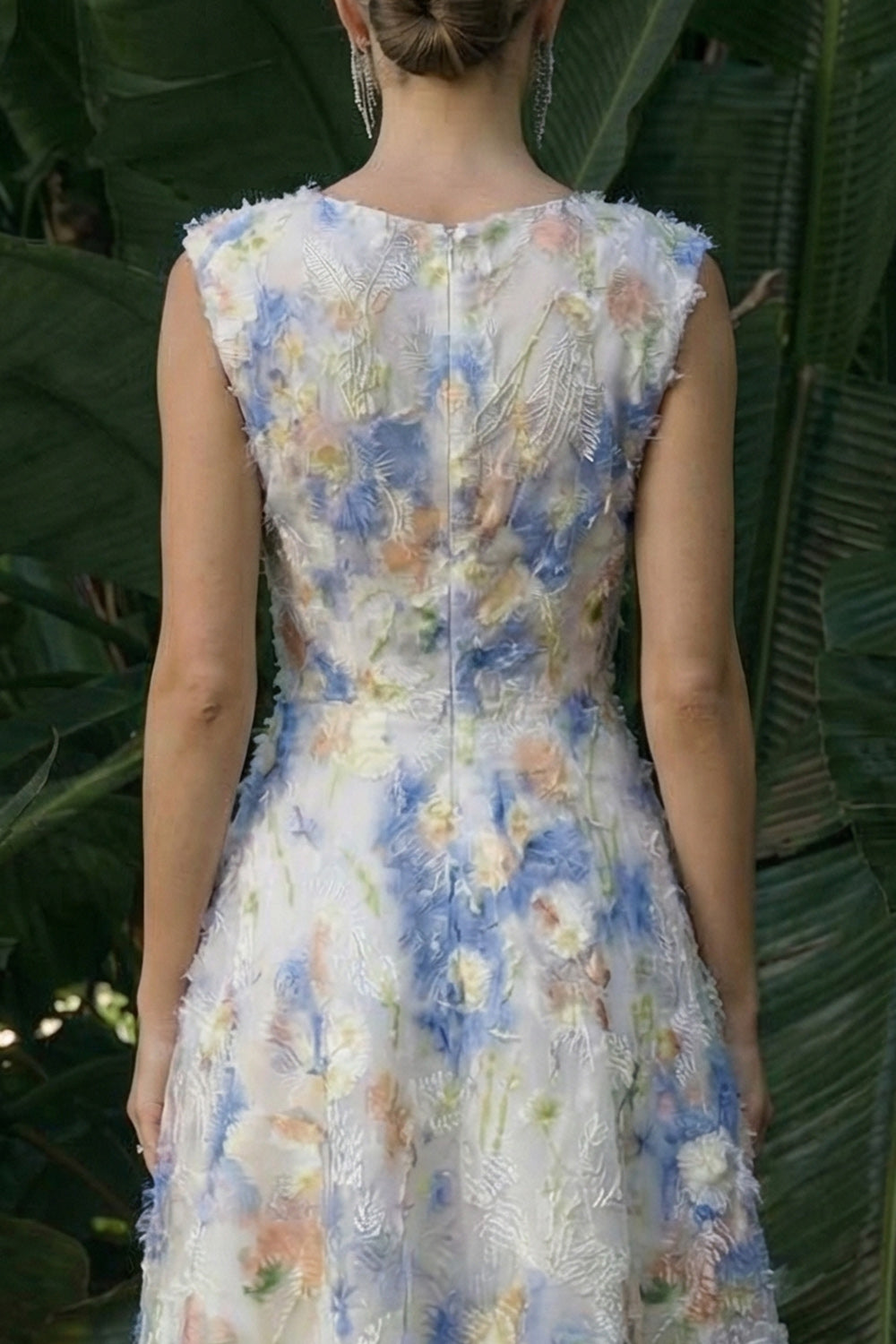 Light Blue A Line Floral Maxi Evening Dress with Sleeves