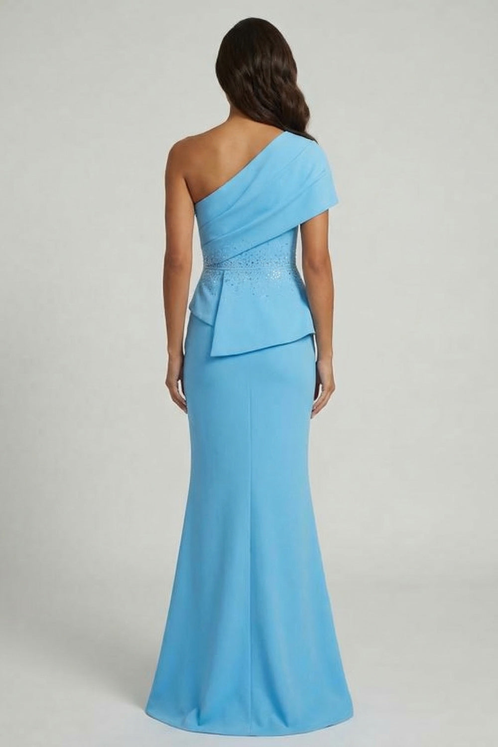 Sparkly Mermaid Sky Blue Beaded Maxi Wedding Guest Dress with Slit