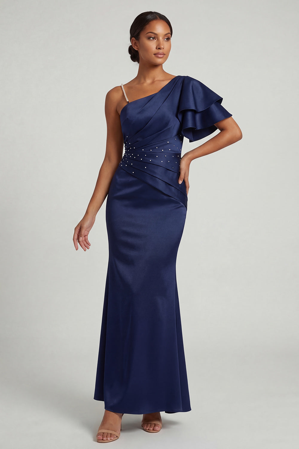 Navy Ruffled Mermaid Ruched Long Wedding Guest Dress with Beading