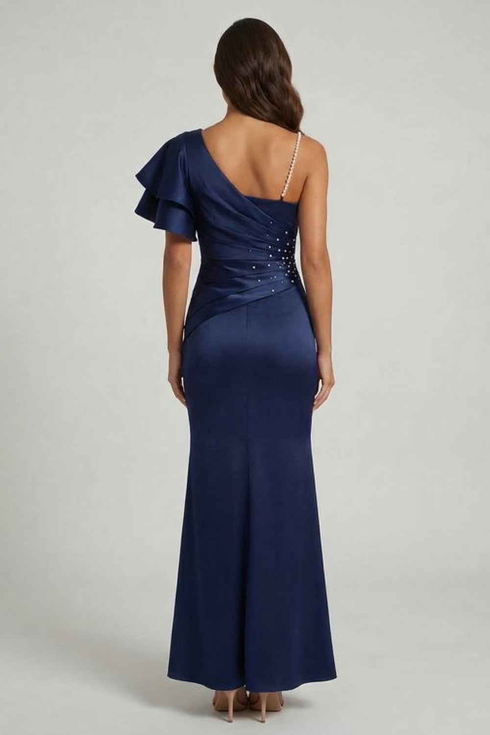 Navy Ruffled Mermaid Ruched Long Wedding Guest Dress with Beading