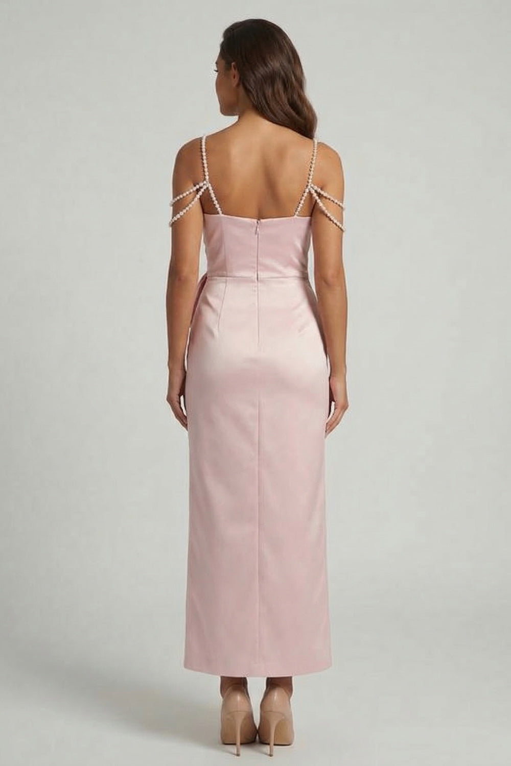 Sparkly Blush Beaded Sheath Long Wedding Guest Dress with Bow