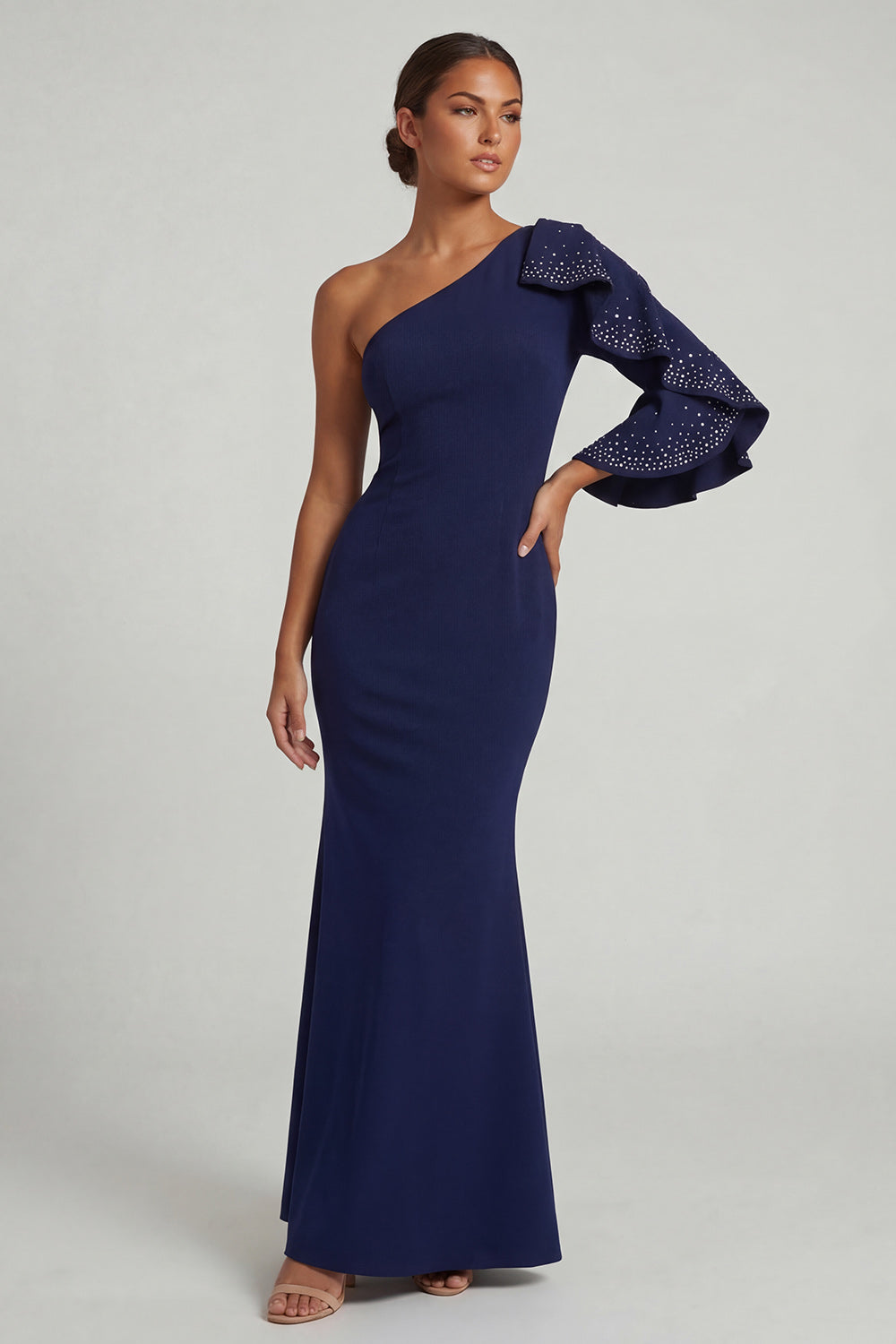 Sparkly Navy Mermaid One Shoulder Long Beaded Wedding Guest Dress