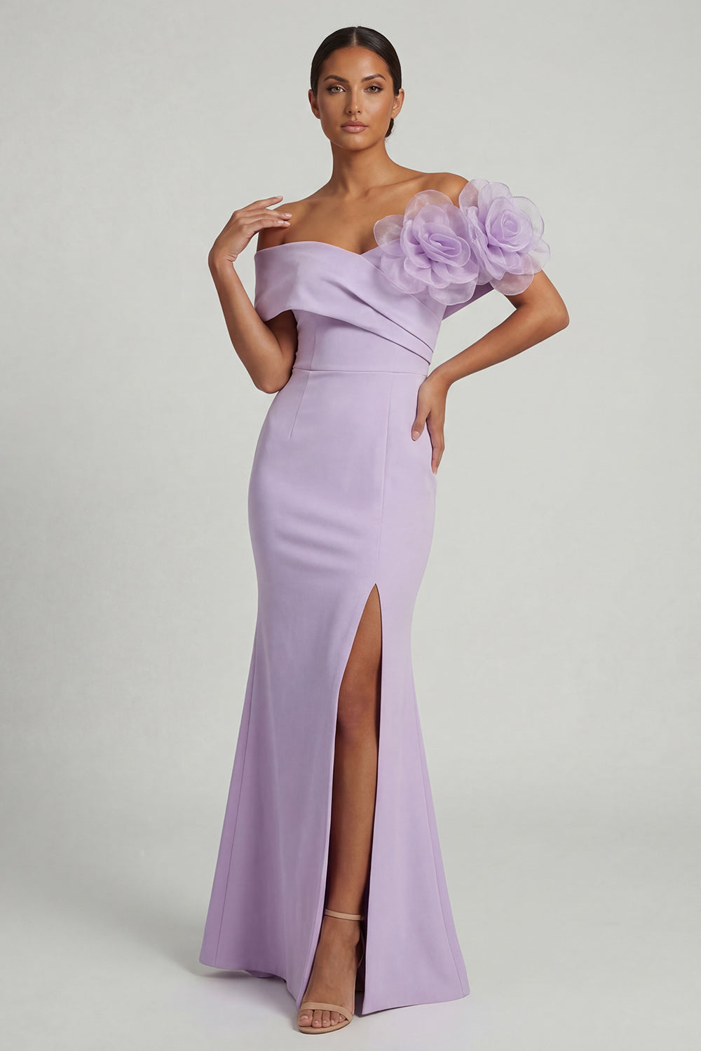 Lilac Mermaid Maxi Wedding Guest Dress with 3D Flowers