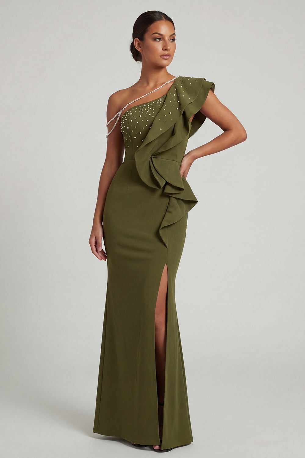 Sparkly Olive Mermaid Beaded Ruffled Long Wedding Guest Dress