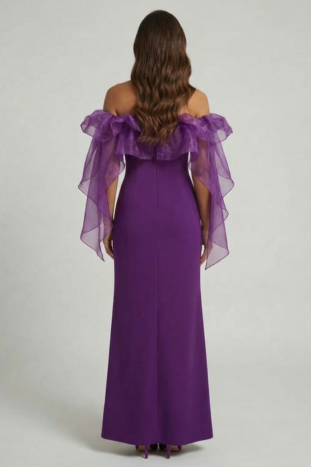 Sheath Purple Ruffled Maxi Wedding Guest Dress with Slit