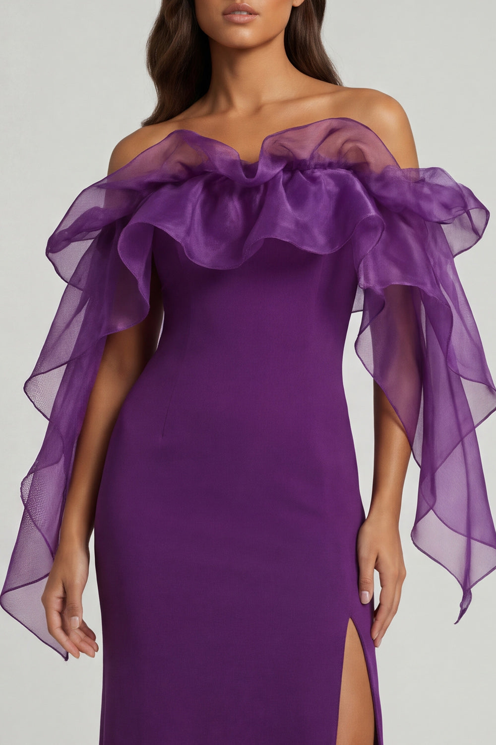 Sheath Purple Ruffled Maxi Wedding Guest Dress with Slit